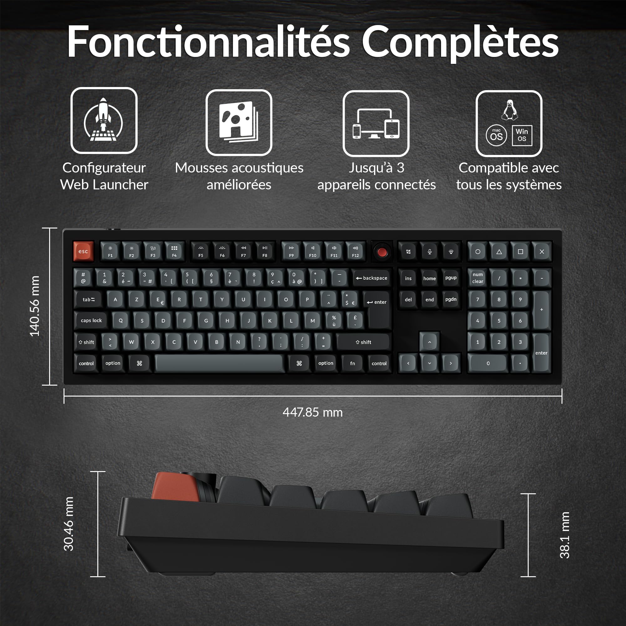 Keychron V6 8K Clavier Mécanique Filaire avec Knob, ISO-FR Layout, 8000 Hz Polling Rate, Programmable QMK, Touches OSA PBT, Interrupteur Marron, Rétroéclairage RGB, Compatible Mac, Windows et Linux
