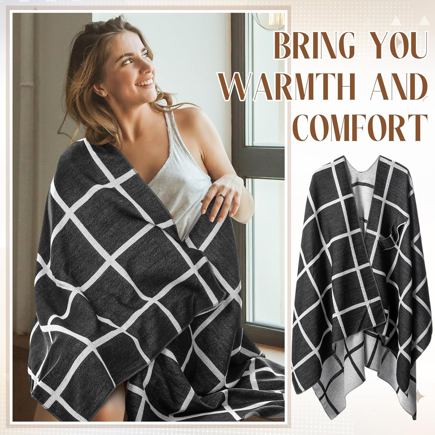 2 Pcs Women's Shawl Wrap Open Front Poncho Soft Plaid Shawl Cardigan Cape Scarf Sweater for Spring Fall Winter