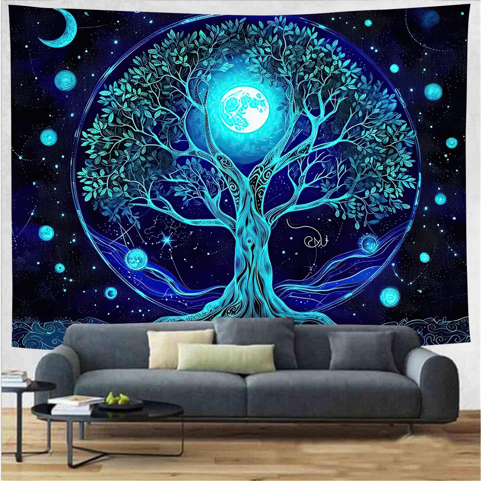 FENDROM Blue Moon Tree of Life Tapestry Galaxy Space Landscape Wall Hanging Aesthetic UV Reactive Fantasy Tree Art Decor Posters for Bedroom Living Room Dorm - Image 2