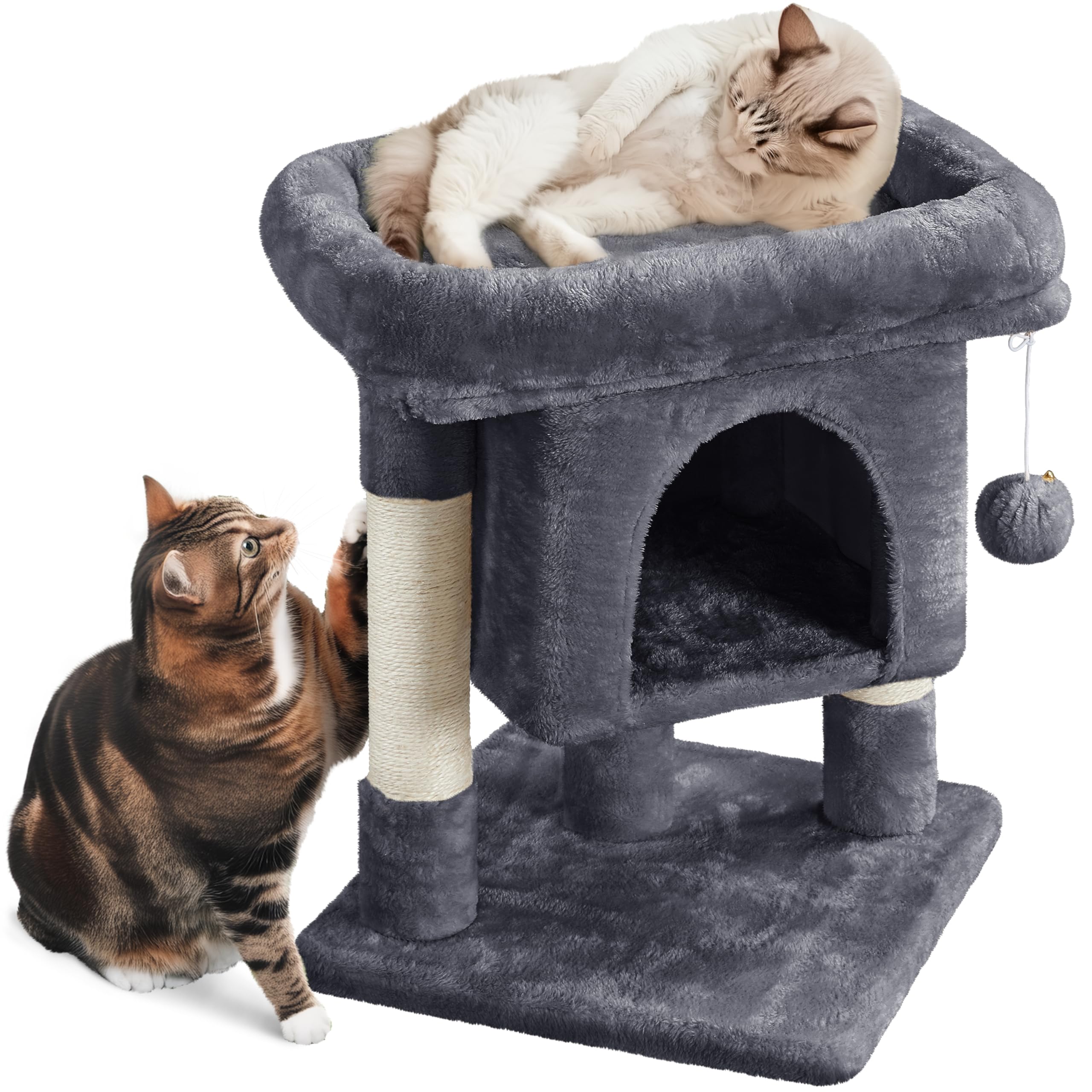 Yaheetech Cat Scratching Tree Tower 3 Levels 40.5 x 40.5 x 59 cm Activity Center with Condo Platform and Hanging Ball Dark Grey