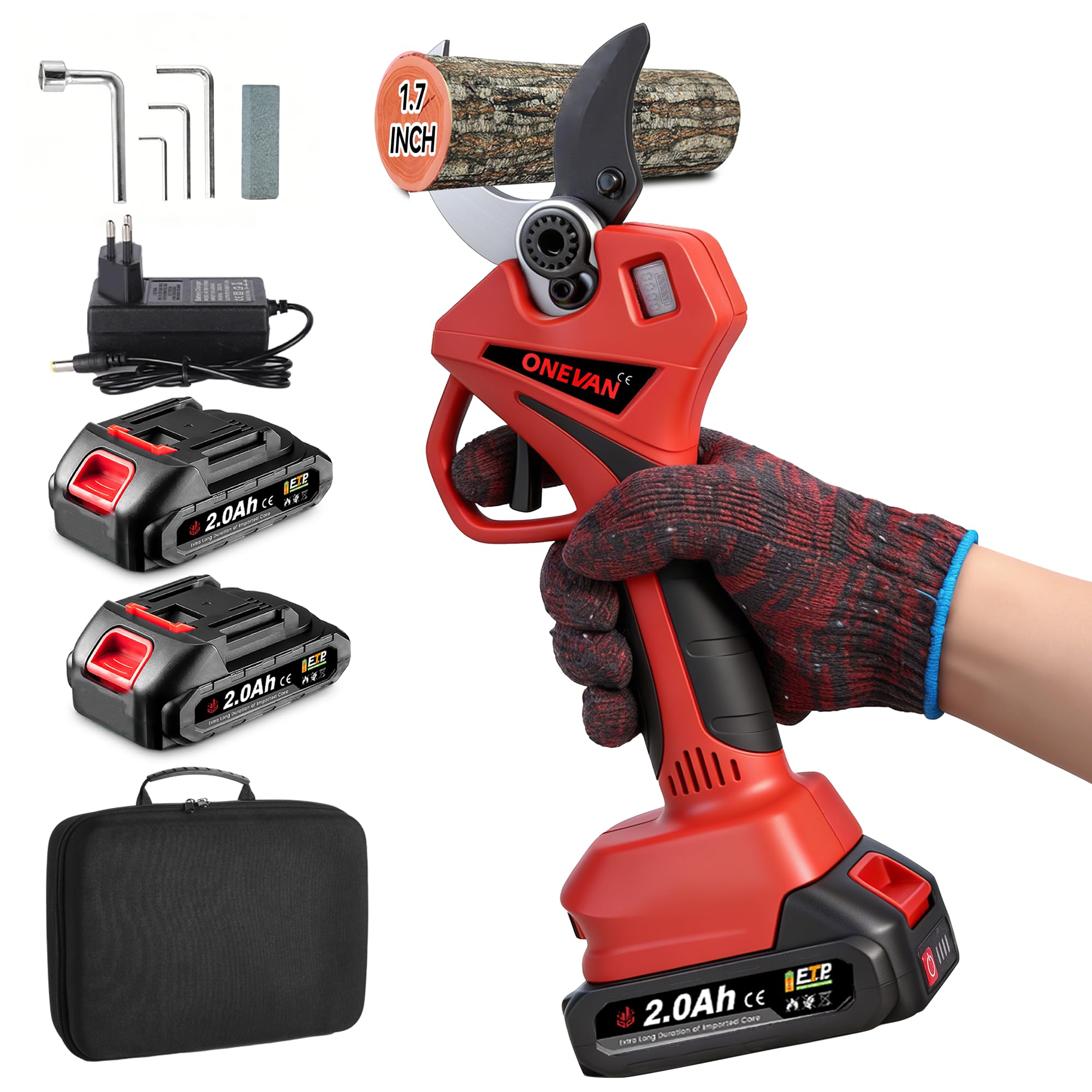 Onevan Red Battery Secateurs - 45Mm(1.7Inch) Electric Pruning Shears, 800W Brushless Cordless Secateurs, With Lcd Display & Sk5 Blades, 2 * 2.0Ah Batteries, For Garden Orchards To Prune Branches