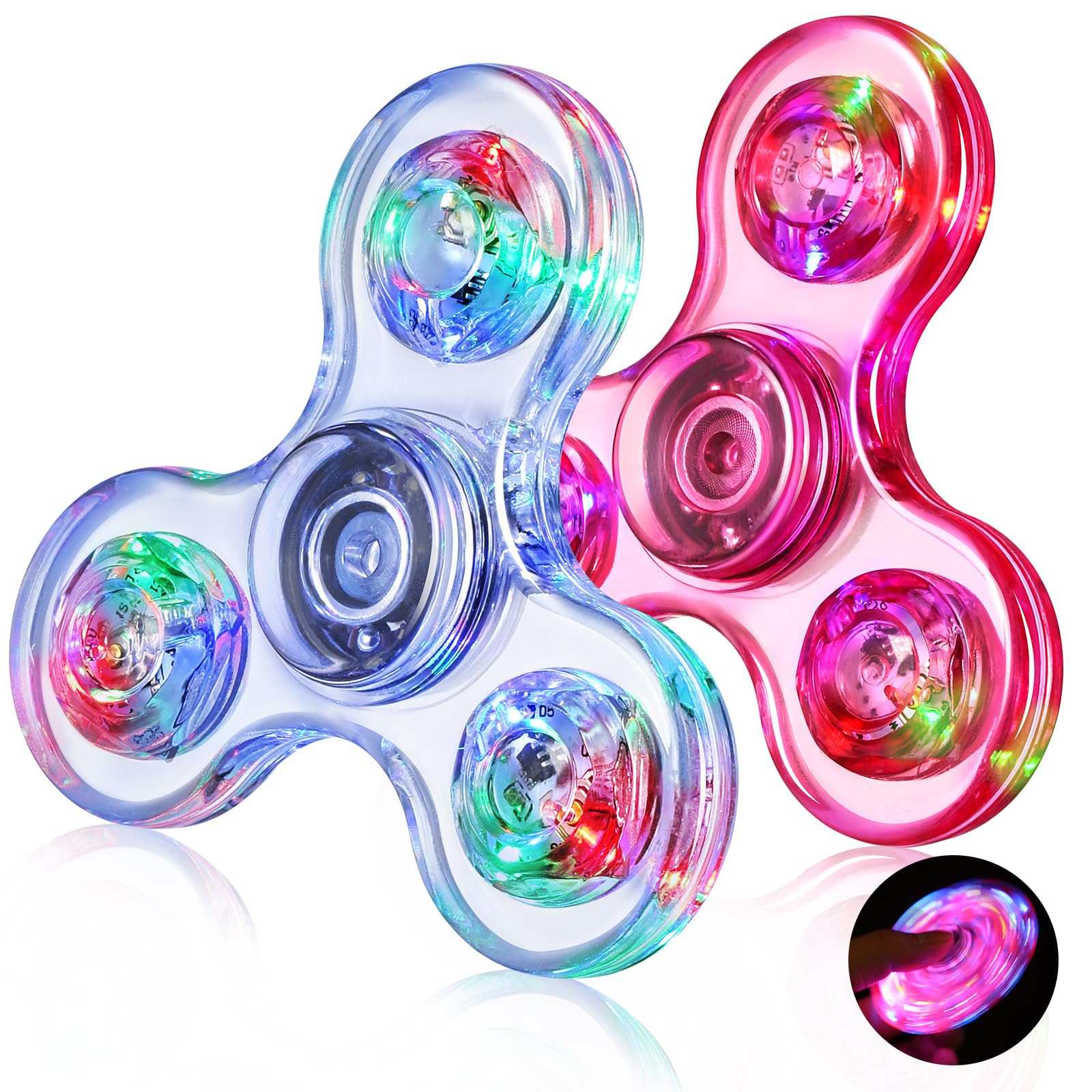 Gigilli Fidget Spinners Set de 2 pièces, Enfants et Adultes LED Lumineux Fidget Jouet, Cristal Main Spinner Lumineux Fidget Jouet, 4-8 - 12 Ans Anniversaire Prix de Classe, Rose et Blanc