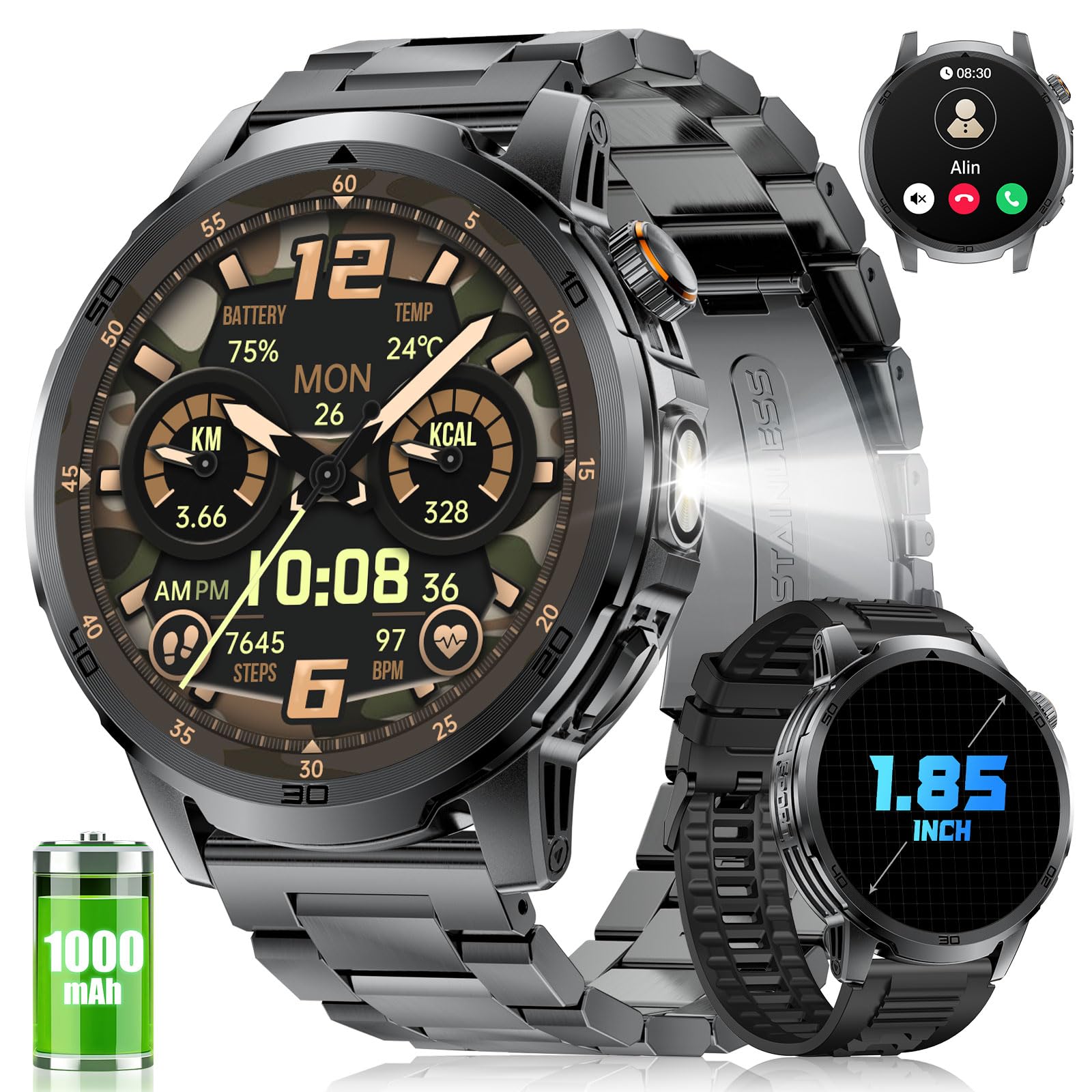 FITFLEX Smartwatch Uomo con 1000mAh Batteria, 1.85'' HD Grande Orologio Smartwatch con Chiamata e Risposta, LED Torcia, 120+ Modalità Sportive, Sonno Cardiofrequenzimetro SpO2 per Android iOS