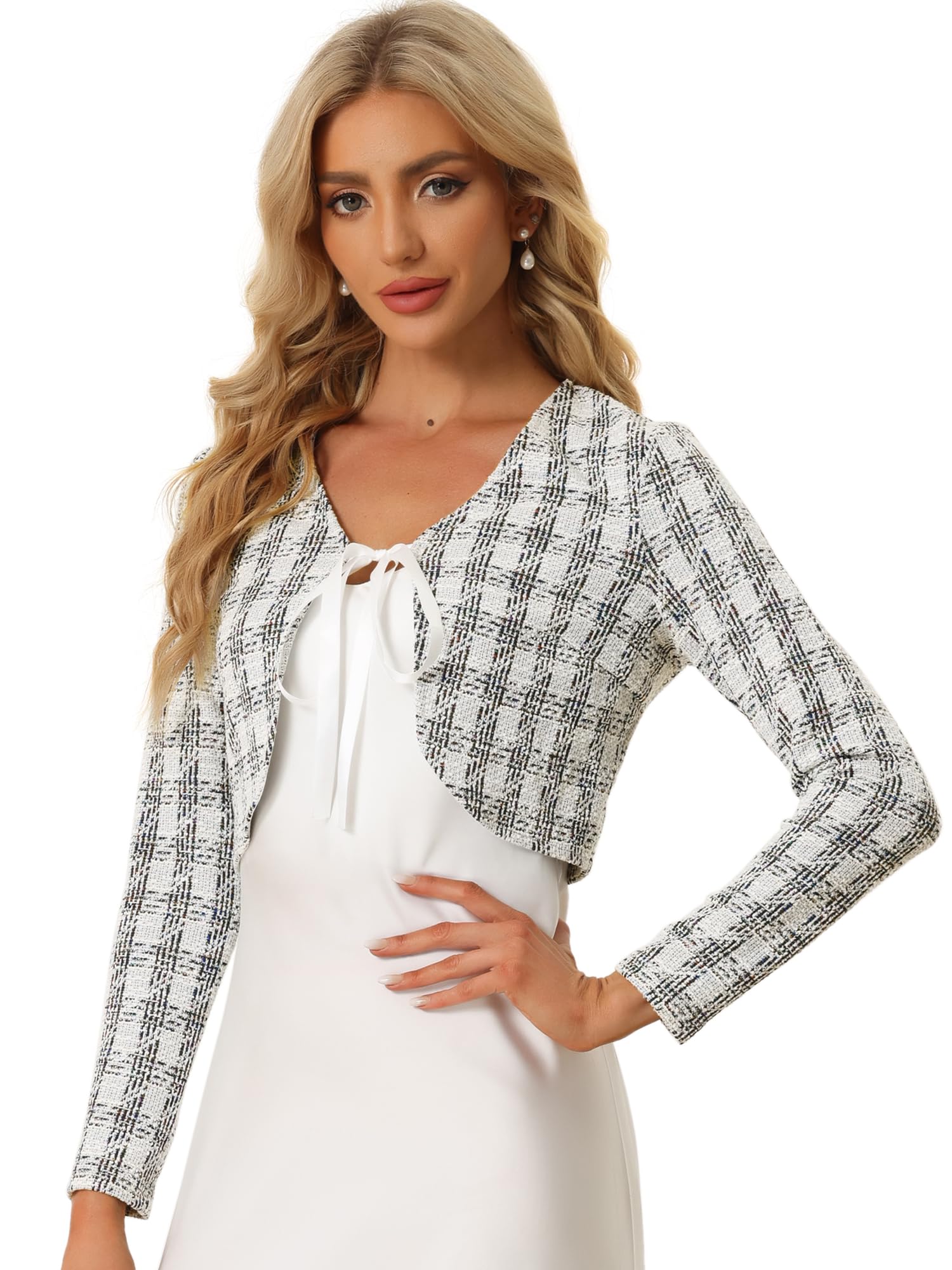 Allegra KCrop Jacket for Women's Open Front Long Sleeve Plaid Tweed Blazer