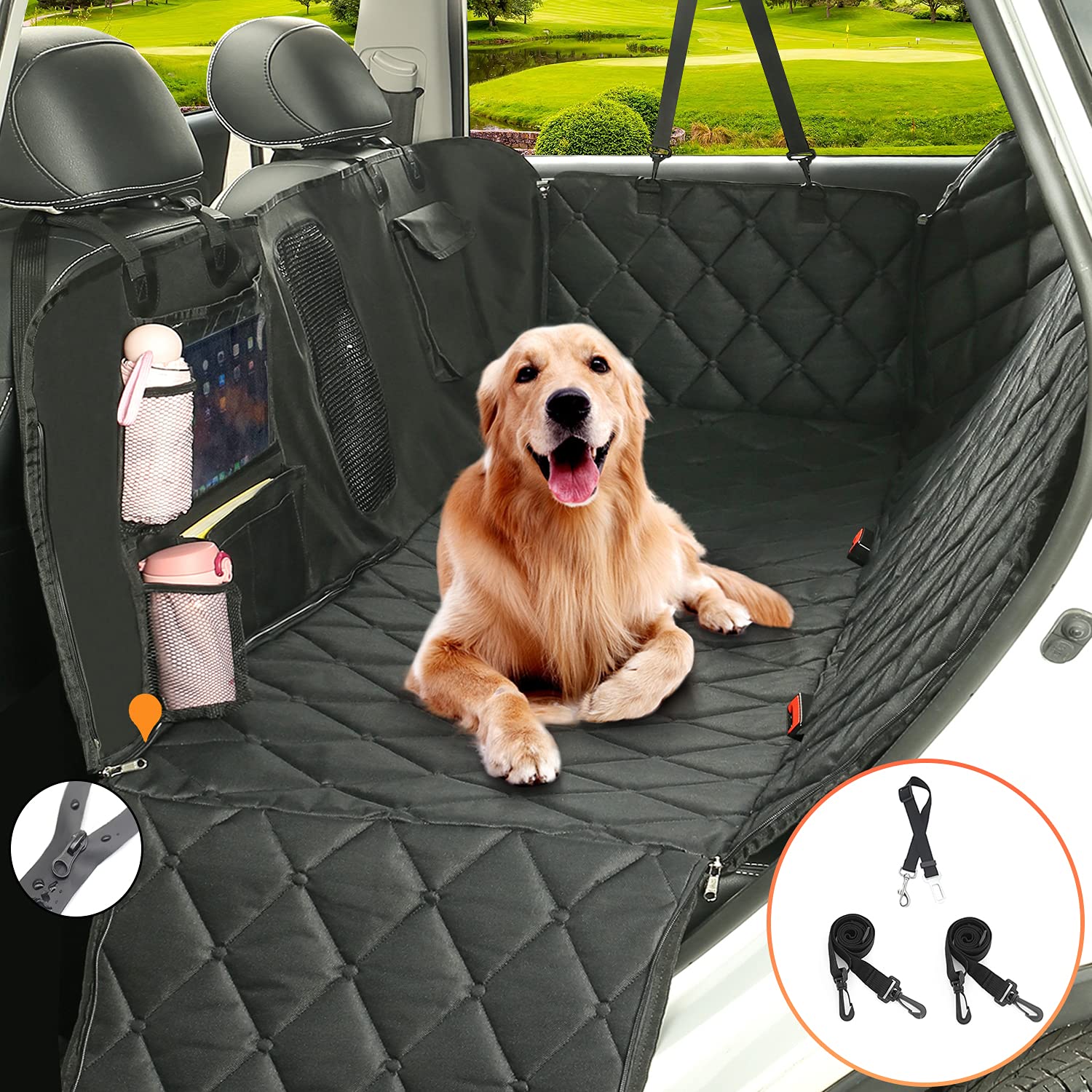 Hanjo Pets Car Dog Cover Back Seat - Car Hammock for Dogs Waterproof - Dog Car Seat Cover for Back Seat with Mesh Window Multiple Pockets For Car/Truck/SUV Nonslip Rubber Back Washable Luxury Material