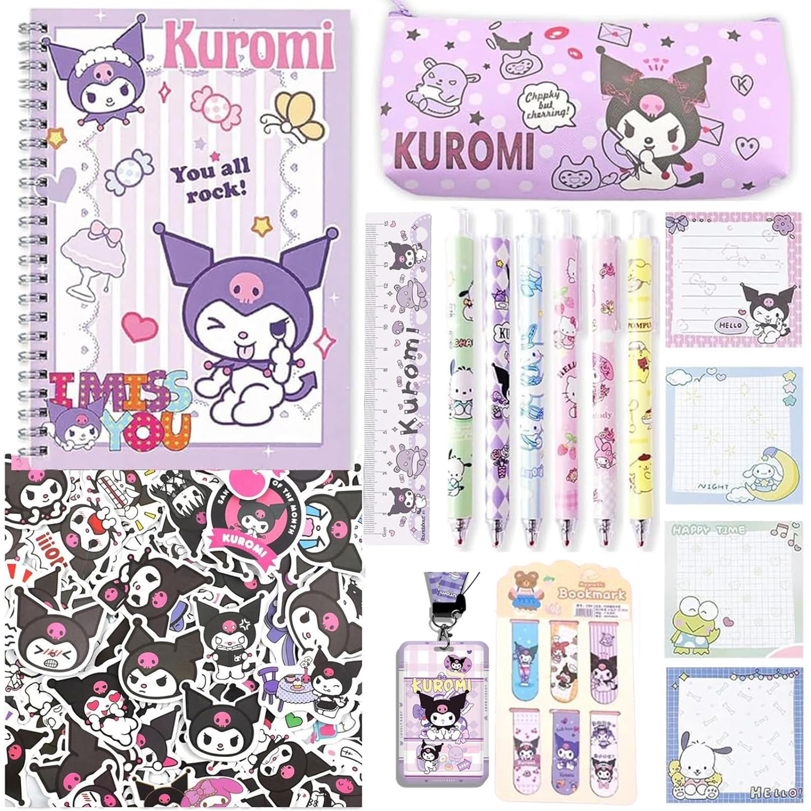MMOOUP Kawaii School Supplies Set, Cute Stationary Back to School Gift Set for Girls, Includes Cartoon Journal, Pencil Case, Ballpoint Pen, Stickers, Sticky Notes (purple)