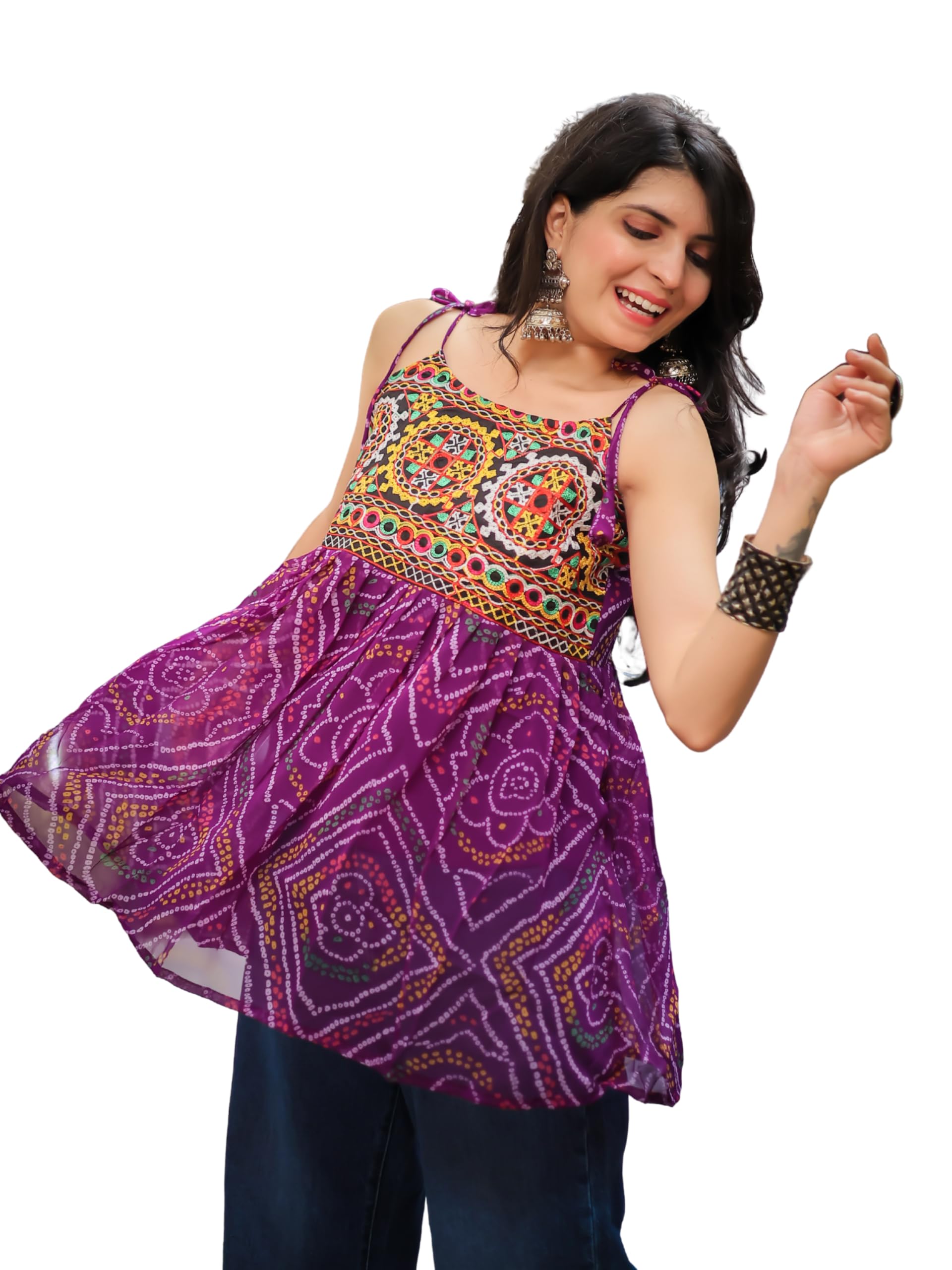 Women's Georgette Bandhani Shoulder Knot Flared Short Kurti | Tunic top for Women | Sleeveless top | Navratri speical Top