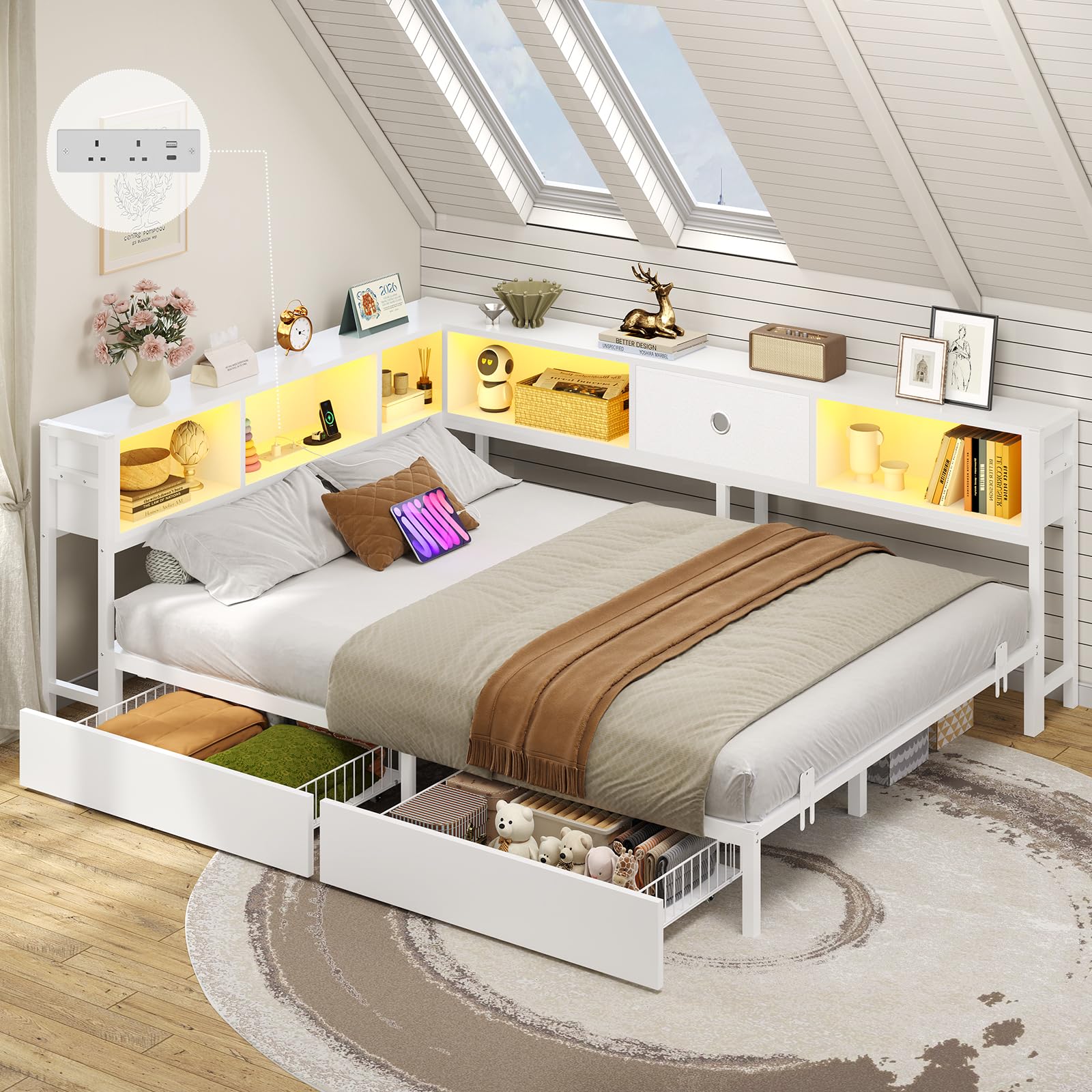 DICTAC 5ft King Size Bed 150x200 with 2 Storage Drawers, King Storage bed with LED Lights & Charging Station, Day Bed with Storage, White LED Corner Bed – Space-Saving King Bed Frame, Modern