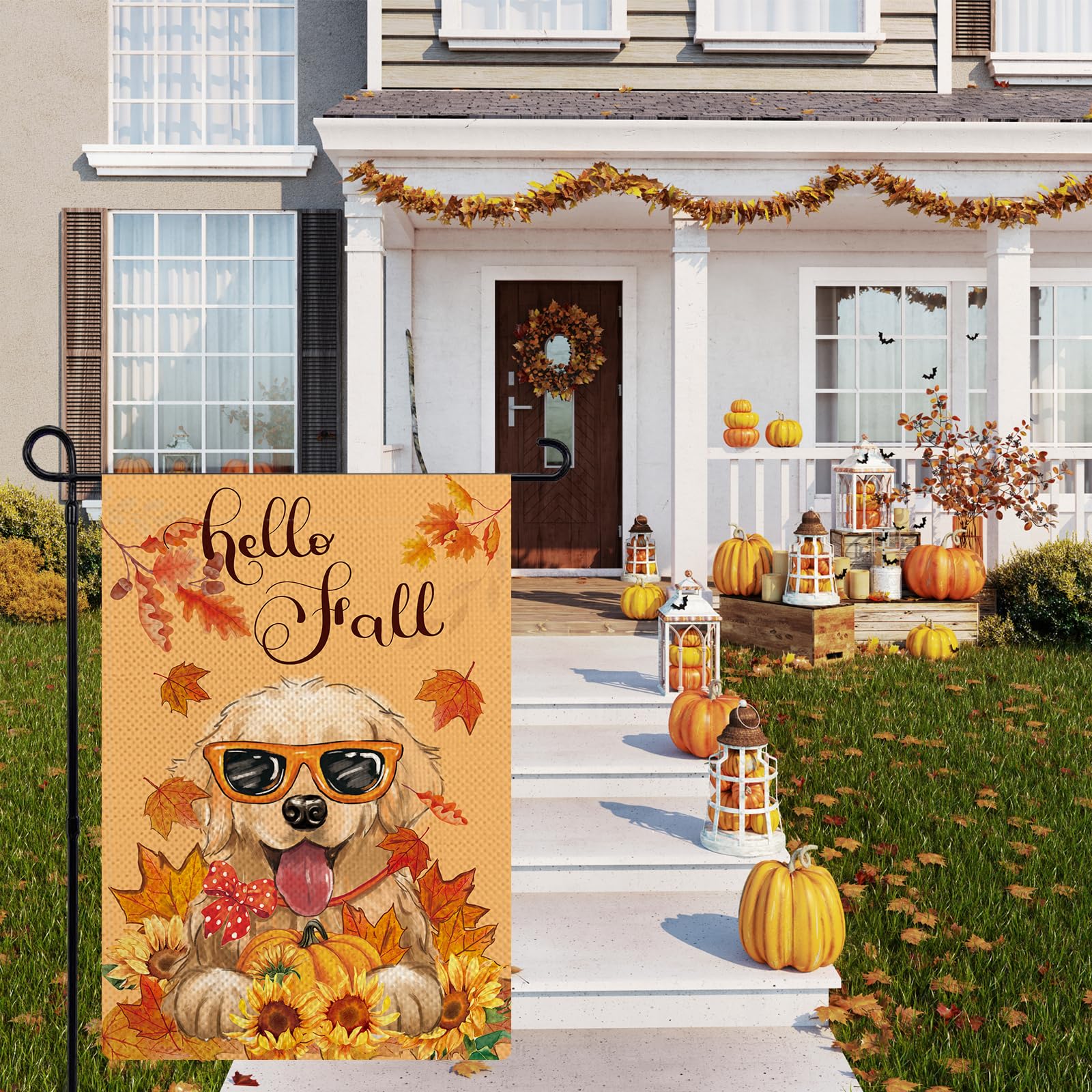 Hzppyz Herbst-Gartenfahne „Hello Fall Dogs“ Mit Ahornblättern – Doppelseitig, 12x18 Zoll