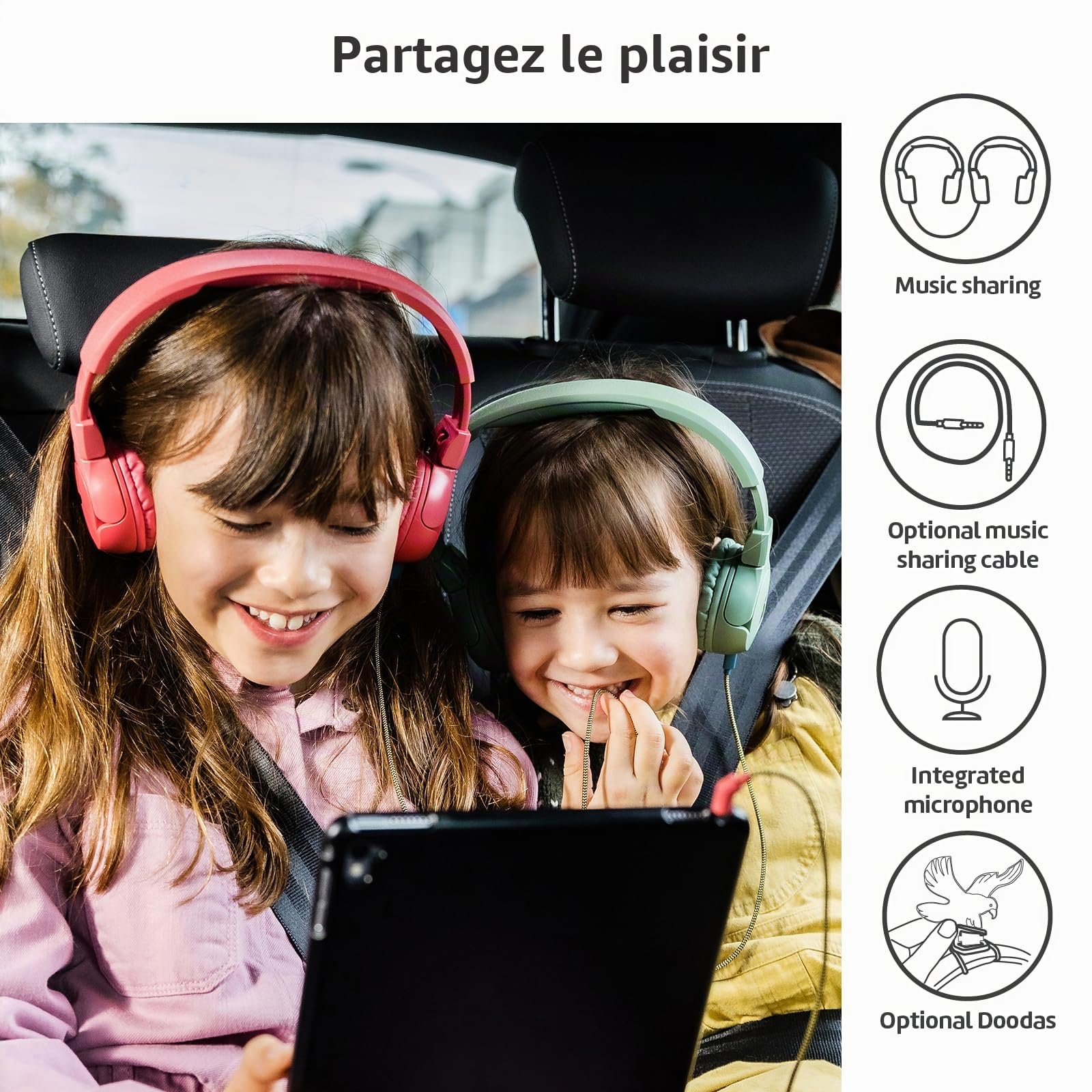 POGS Casque filaire pour enfants | The Elephant 2 | Casque réglable et durable pour enfants de 3 ans et plus | Limité à 85 dB, microphone | Casque sur-oreille | Fonction de partage de musique Câble