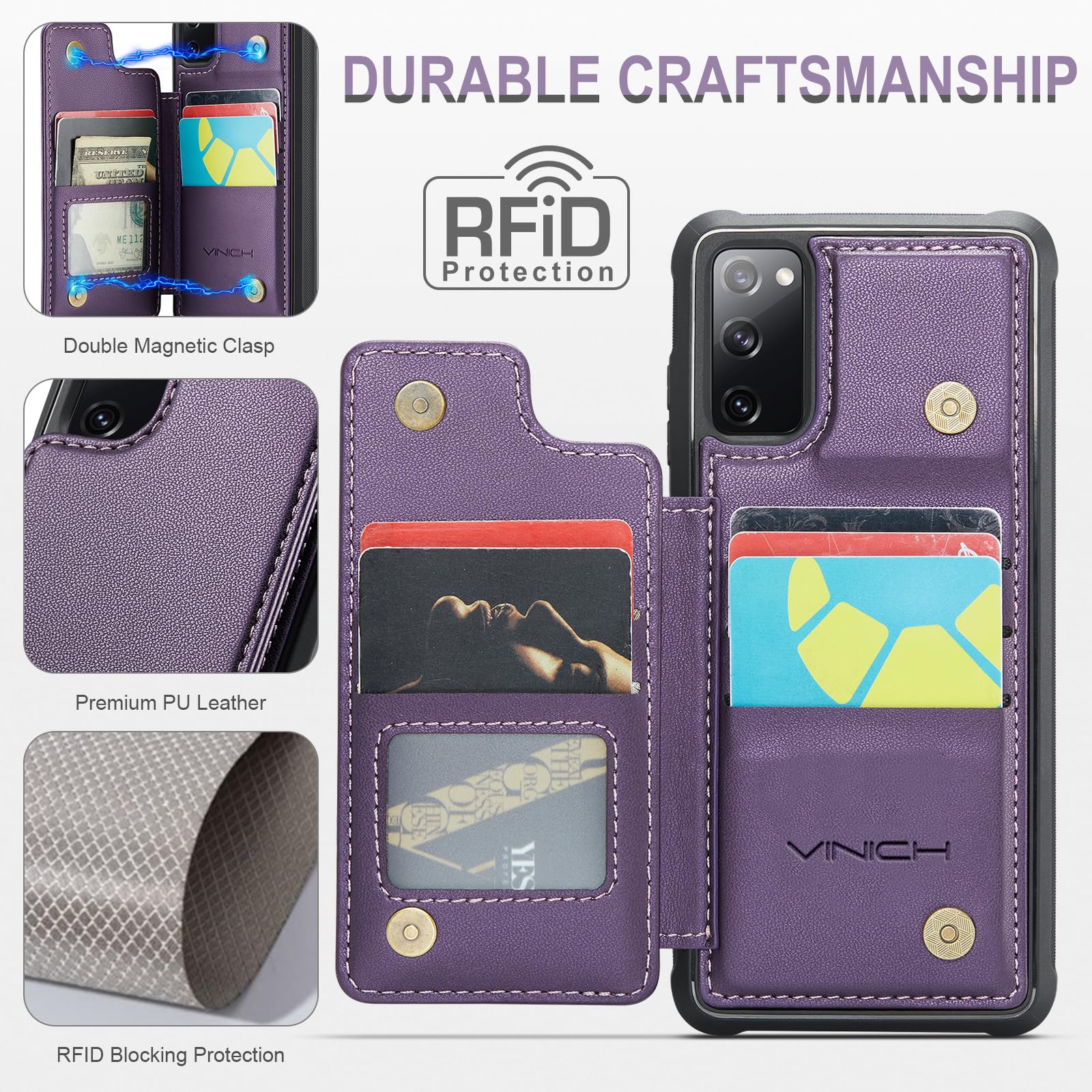 Vinich Funda para Samsung Galaxy S20 FE con tarjetero, funda tipo cartera para Samsung S20 FE para mujeres y hombres con bloqueo RFID, funda de cuero duradero a prueba de golpes para Galaxy S20 FE 5G,