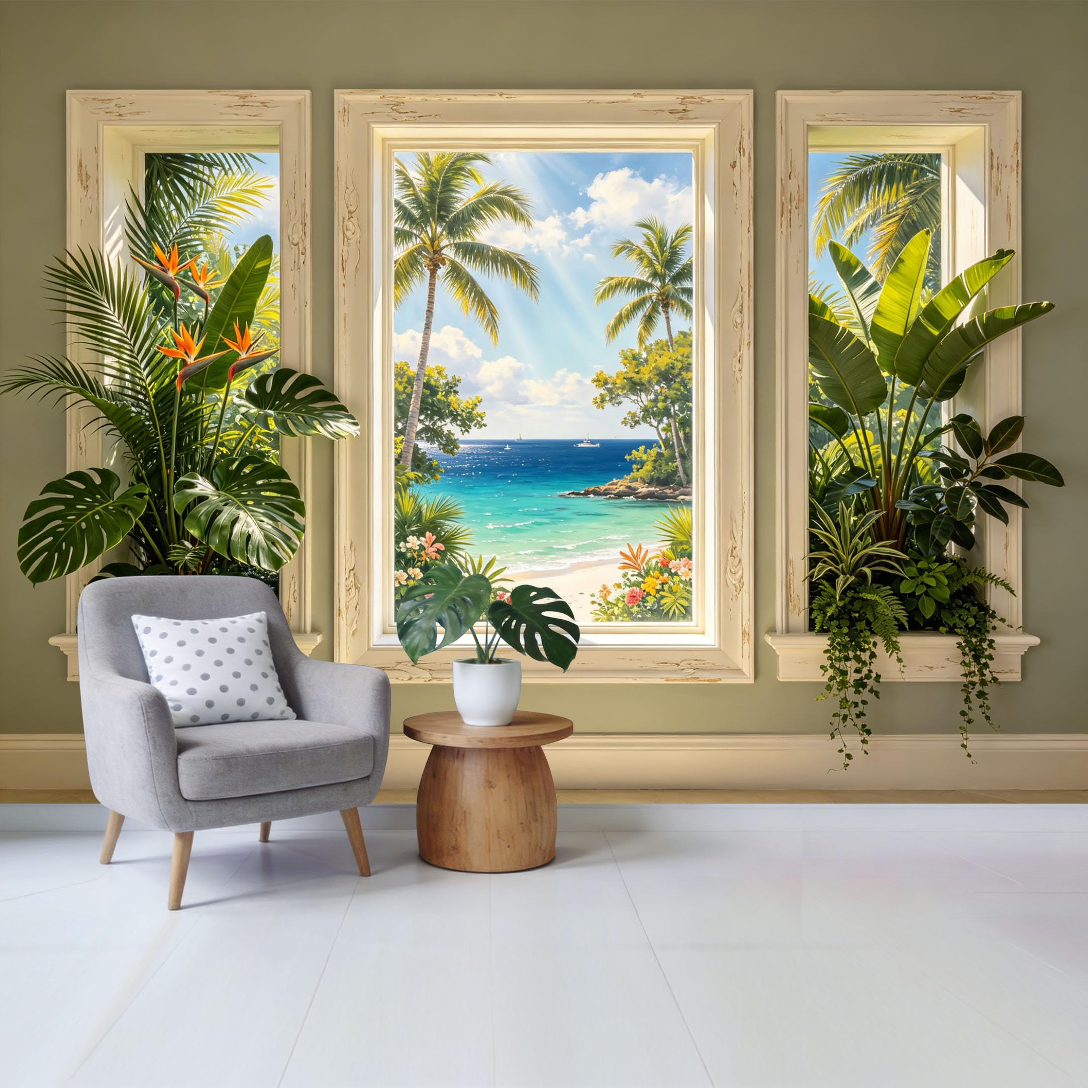 Custom Size Wall Mural Tropical Coastal Beach View Palm Trees Ocean Paradise Removable Self Adhesive Fabric Home Wall Decor for Living Room Bedroom Bathroom