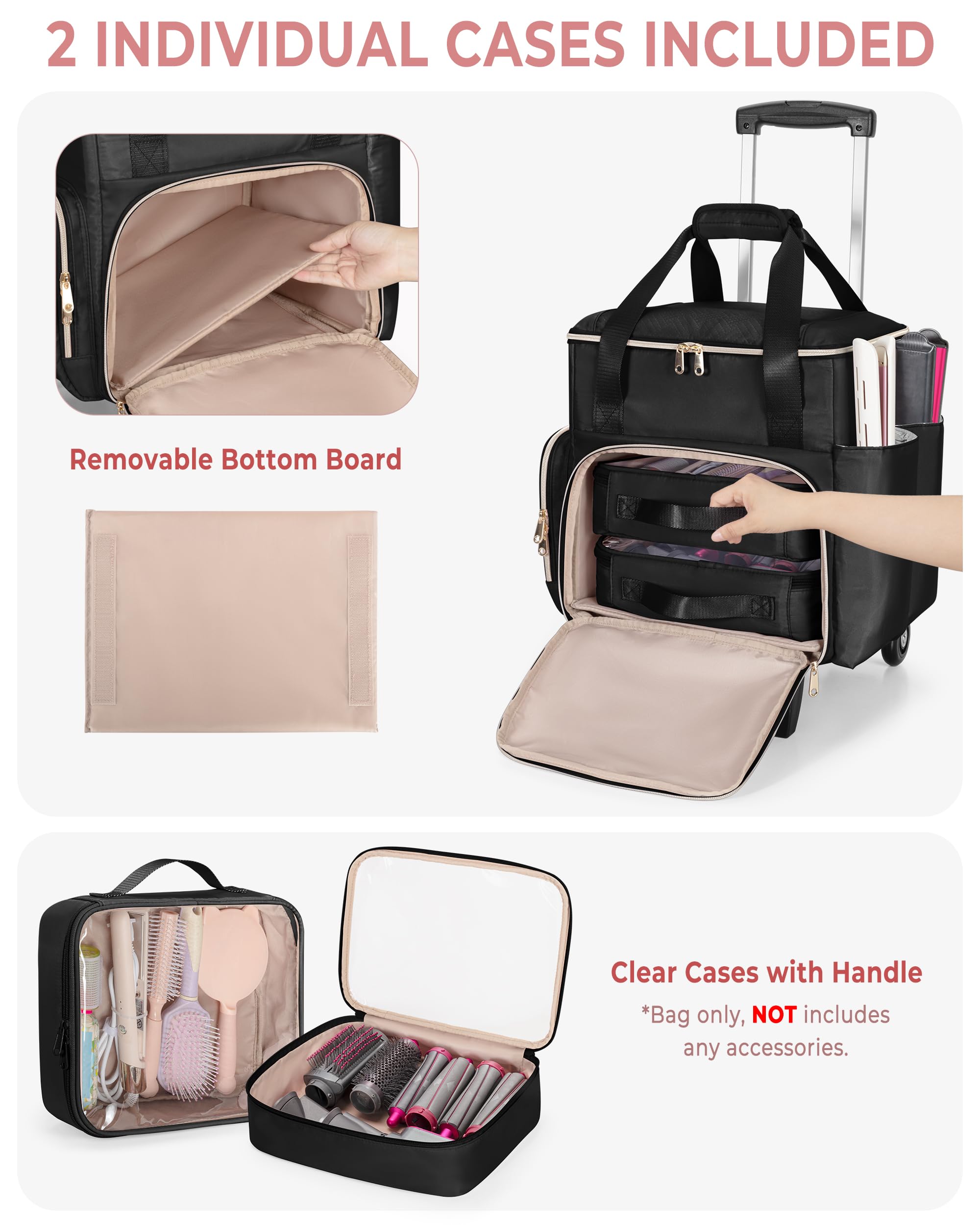 Borsa Trolley da Viaggio per Parrucchieri, Borsa Porta-Attrezzi con 2 Pochette Rimovibili e Strato Termoisolante, Valigia su Ruote per Cosmetica e Make-up, Nero