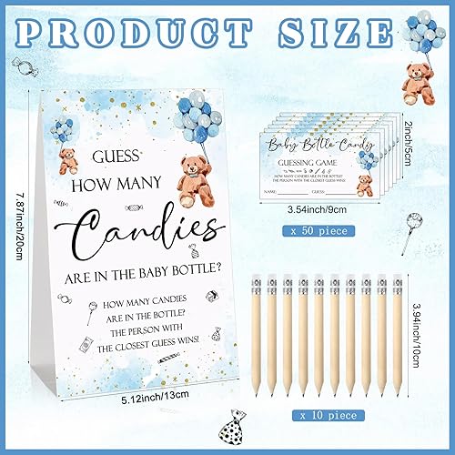 Miniatura 10 de 62 piezas de Baby Shower Games Guess How Many Candies Are in the Jar Game Signal, 50 pequeños juegos de adivinanzas, 10 lápices HB y botella de