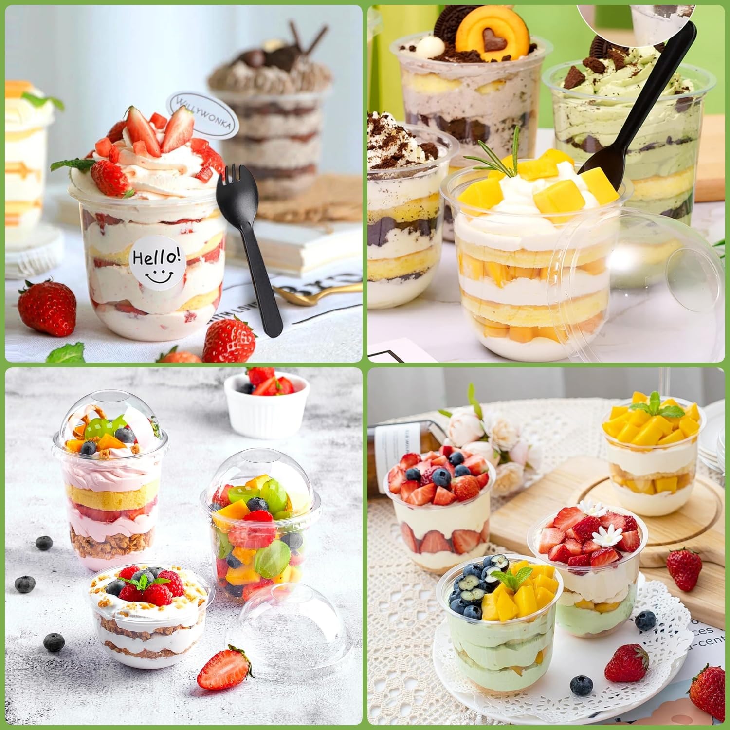 LATERN 50 Pezzi Bicchieri da Dessert in Plastica con Coperchi a Cupola, 360ml Tazze da Dessert Rotonde Coppa Trasparente per Antipasti Parfait Ciotola da Portata Riutilizzabile con Sporks