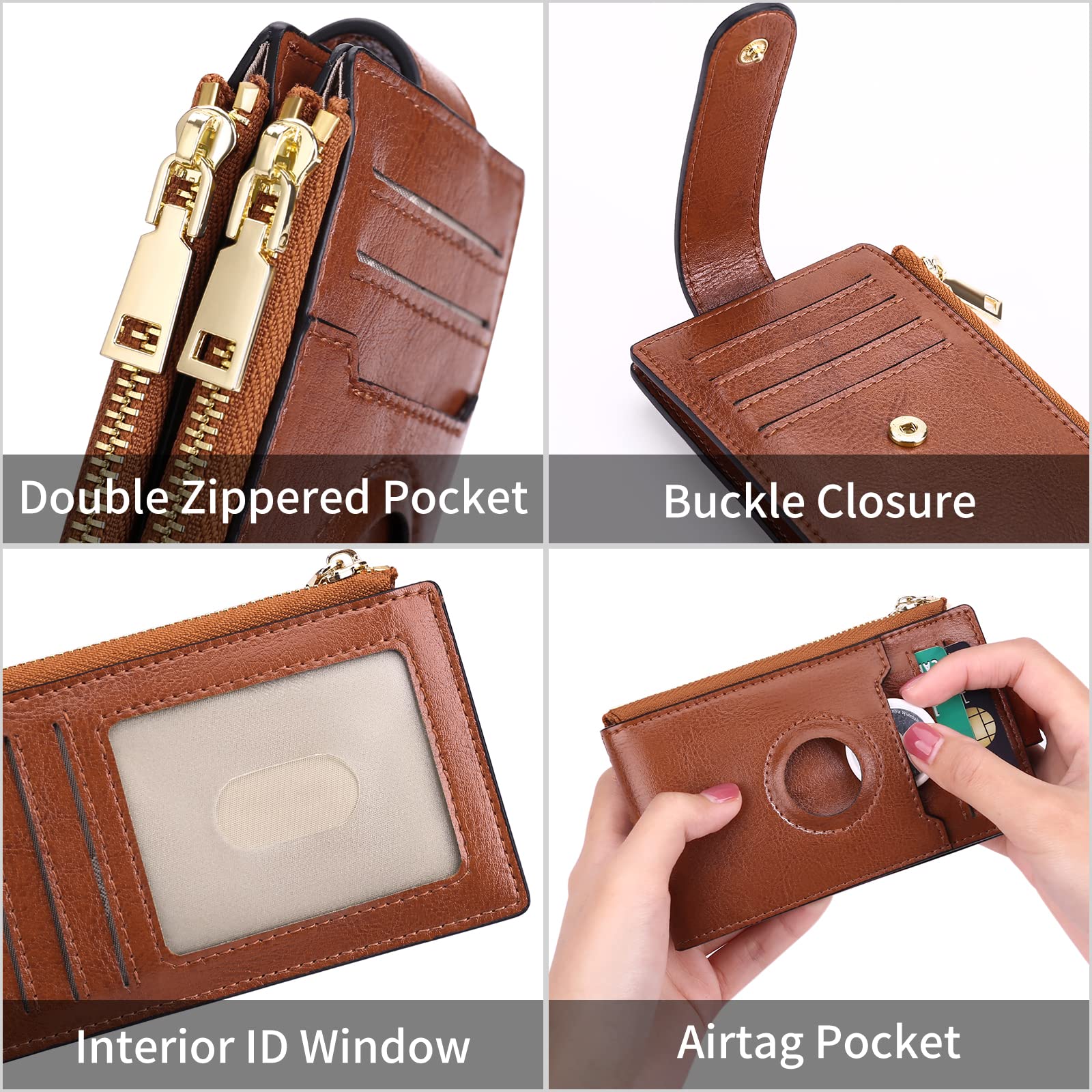 Billetera para mujer con tarjetero de Leahter Bifold con funda integrada integrada, AD-Marrón antiguo, Billetera plegable con Airtag 4