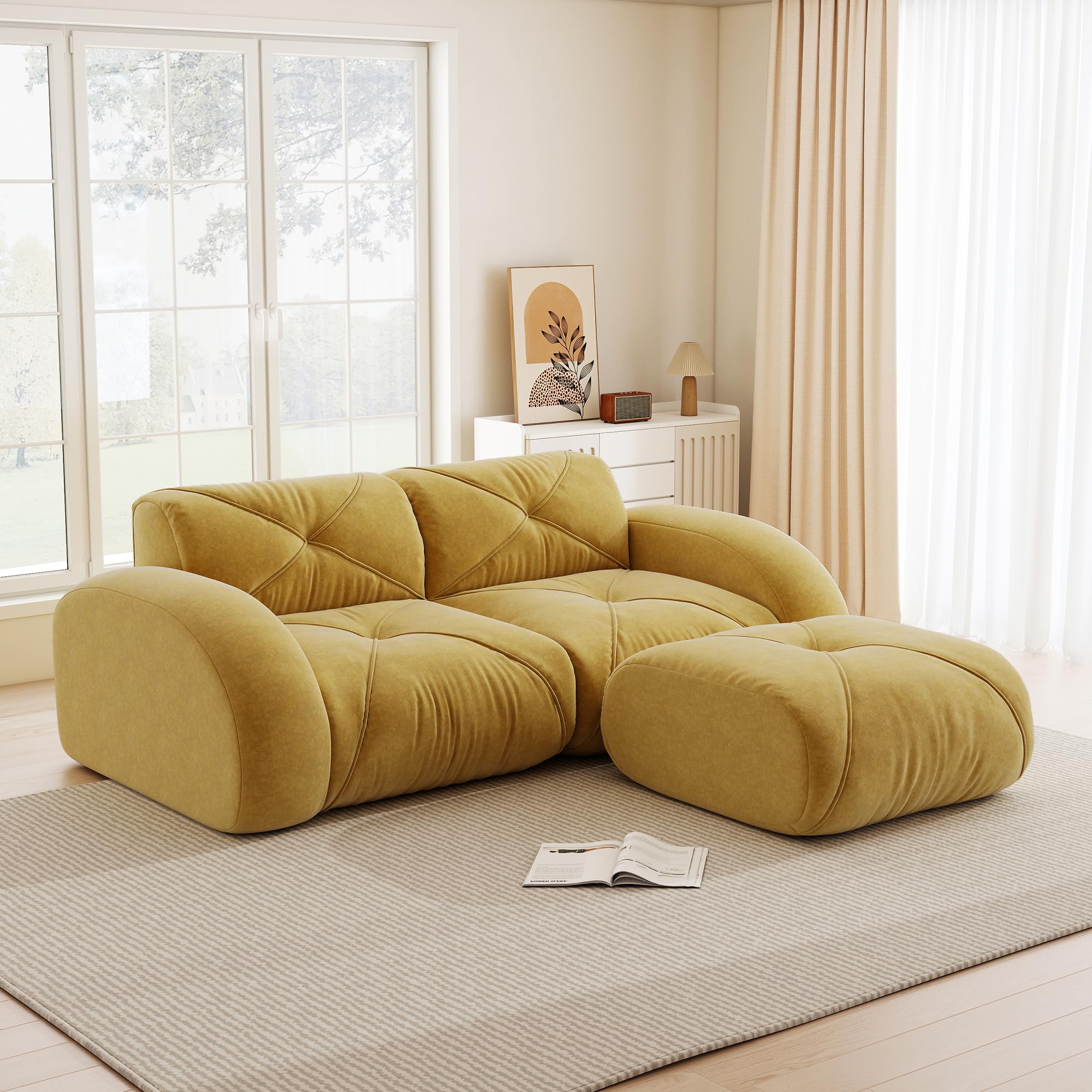 Bladez Divano modulare a 2 posti con sgabello Ciniglia Moderno Loveseat Soggiorno Divano con Braccioli Curvi, Senza Montaggio Divano Boneless Compressione Cloud Divani (Giallo, 2 Posti+1)