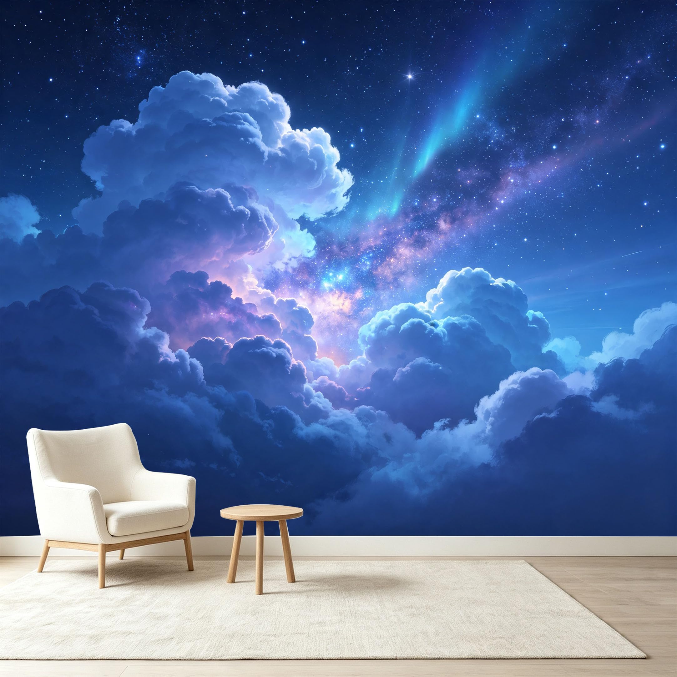 Custom Size Wall Murals Night Sky Galaxy Landscape Modern Abstract 3D Trompe L'Oeil Clouds Self-Adhesive Wall Fabric Removable Wallpaper Wall Decor for Living Room Bedroom Bathroom