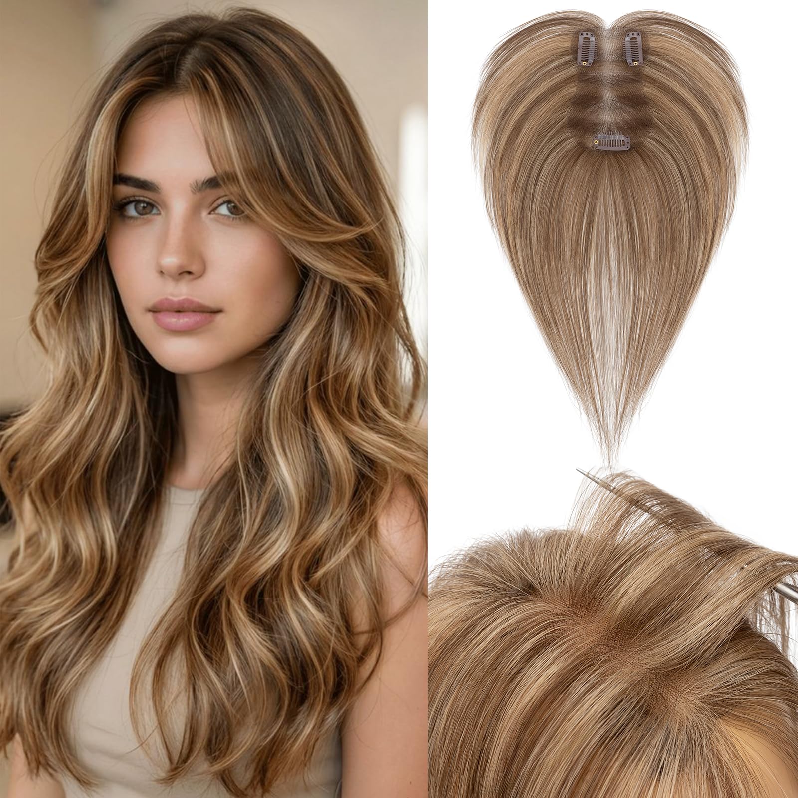 Benehair Echthaar Topper 100% Handgeknüpfte Toupets Clip in Haarteil Haar Haarstücke für Frauen #4P27 Mittelbraun/Dunkelblond Hair Topper Ohne Pony 14g 27 CM