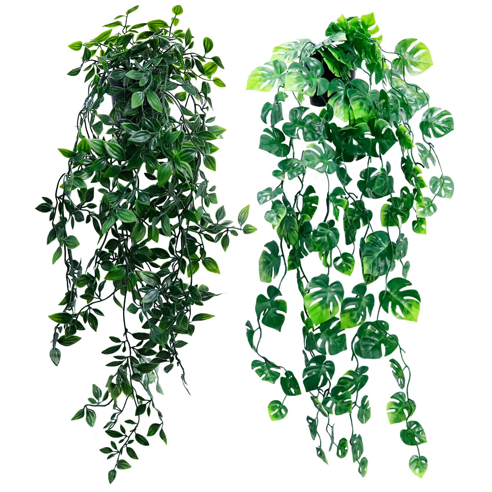 - Artificial Hanging Plants for Shelf, Fake Potted Greenery 2-Pack Faux Mandala and Monstera Leaves Vines in Black Pot, Décor for Office Living Room Bathroom Indoor Outdoor