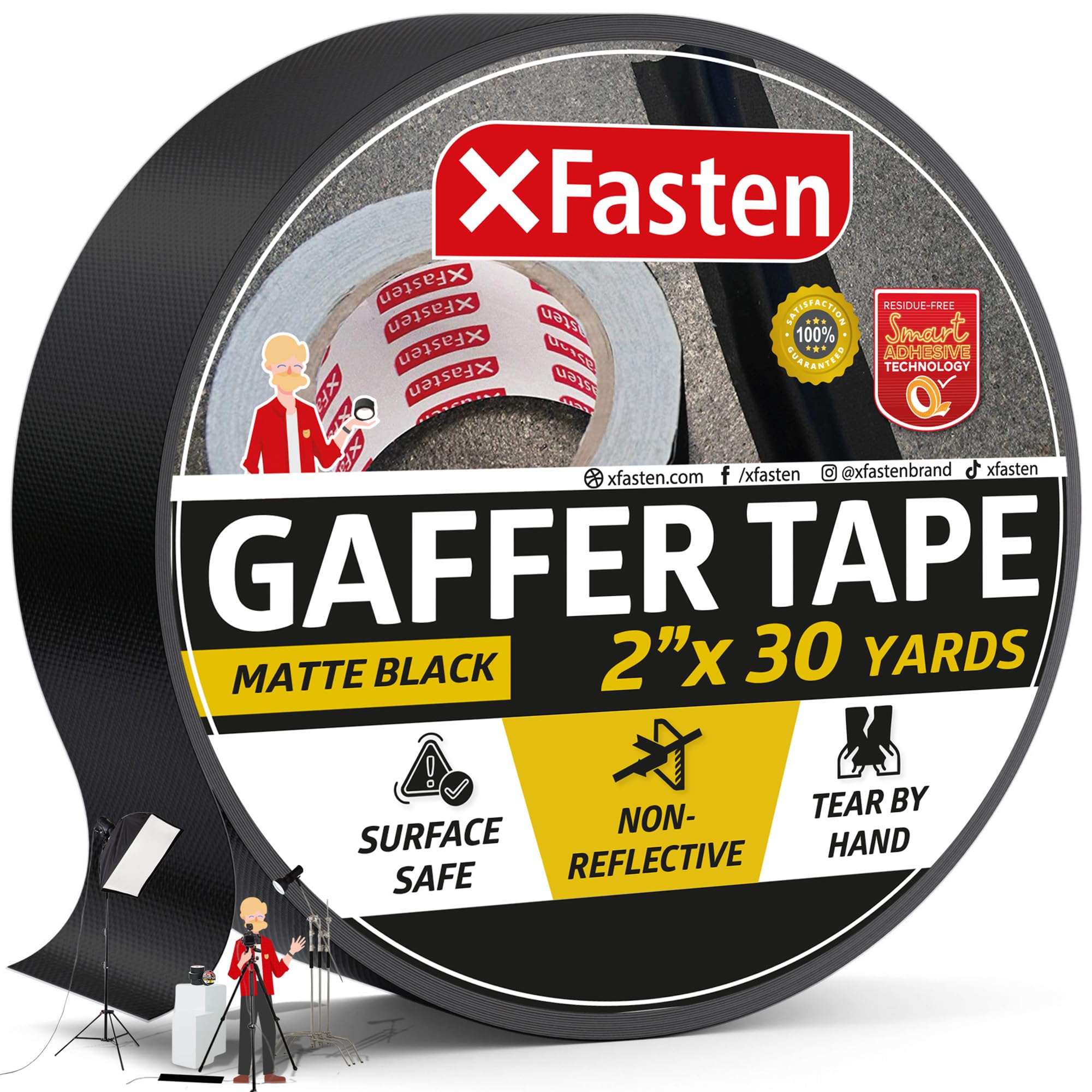 XFasten Professional Grade Black Gaffer Tape, 2 Inch X 30 Yards, Residue Free, Non Reflective and Easy to Tear Pro Gaff Tape for Photographers, DJs- Main Stage Gaffer Tape