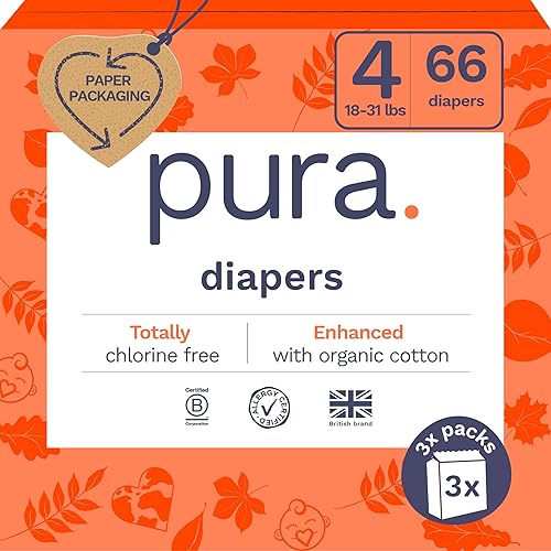 Pura Size 4 Eco-Friendly Diapers (18-31lbs) TCF Hypoallergenic, Soft Organic