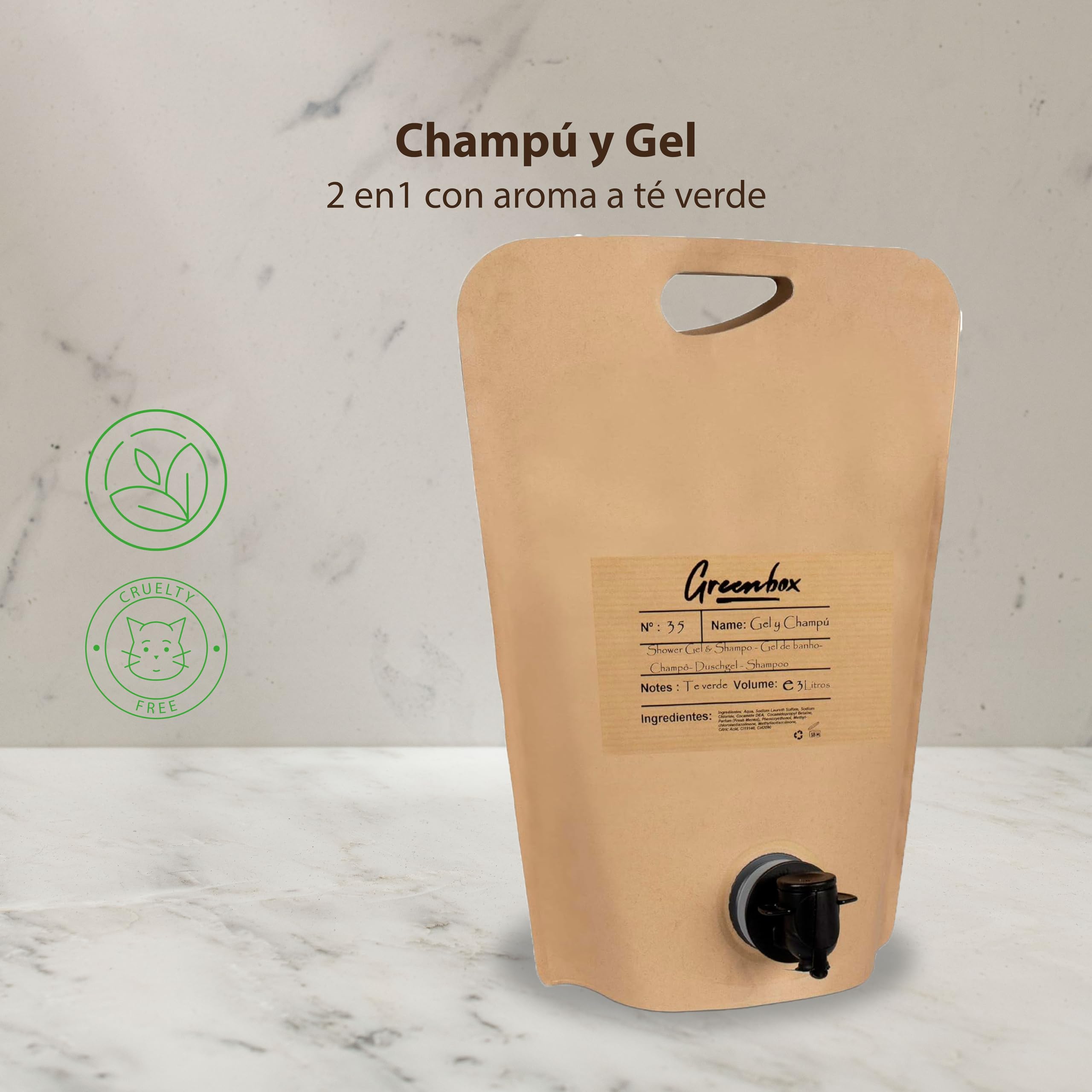 Ricarica gel e shampoo in "bag in box" BIO - Gel doccia e shampoo 2in1 con aroma di tè verde, 3L. Imballaggio ecologico e maniglia per il trasporto. Risparmia denaro e aiuta l'ambiente.