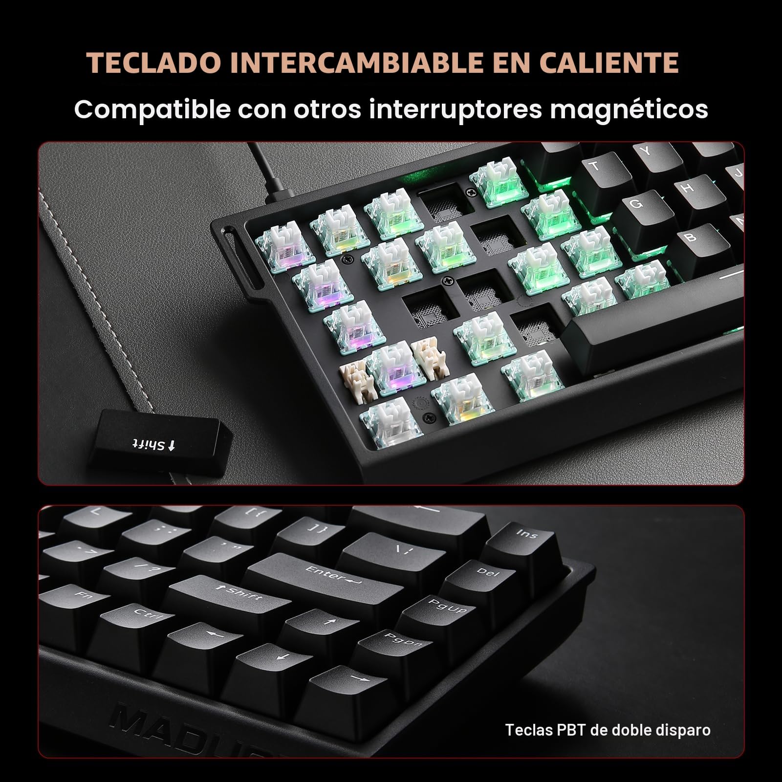 YUNZII x MADLIONS MAD68 HE 60% Teclado Gaming Magnético Cable con Rapid Trigger 8000Hz, Switch de Efecto Hall de Accionamiento Ajustable, Teclas PBT, Retroiluminación RGB, para Ordenador PC (Negro)