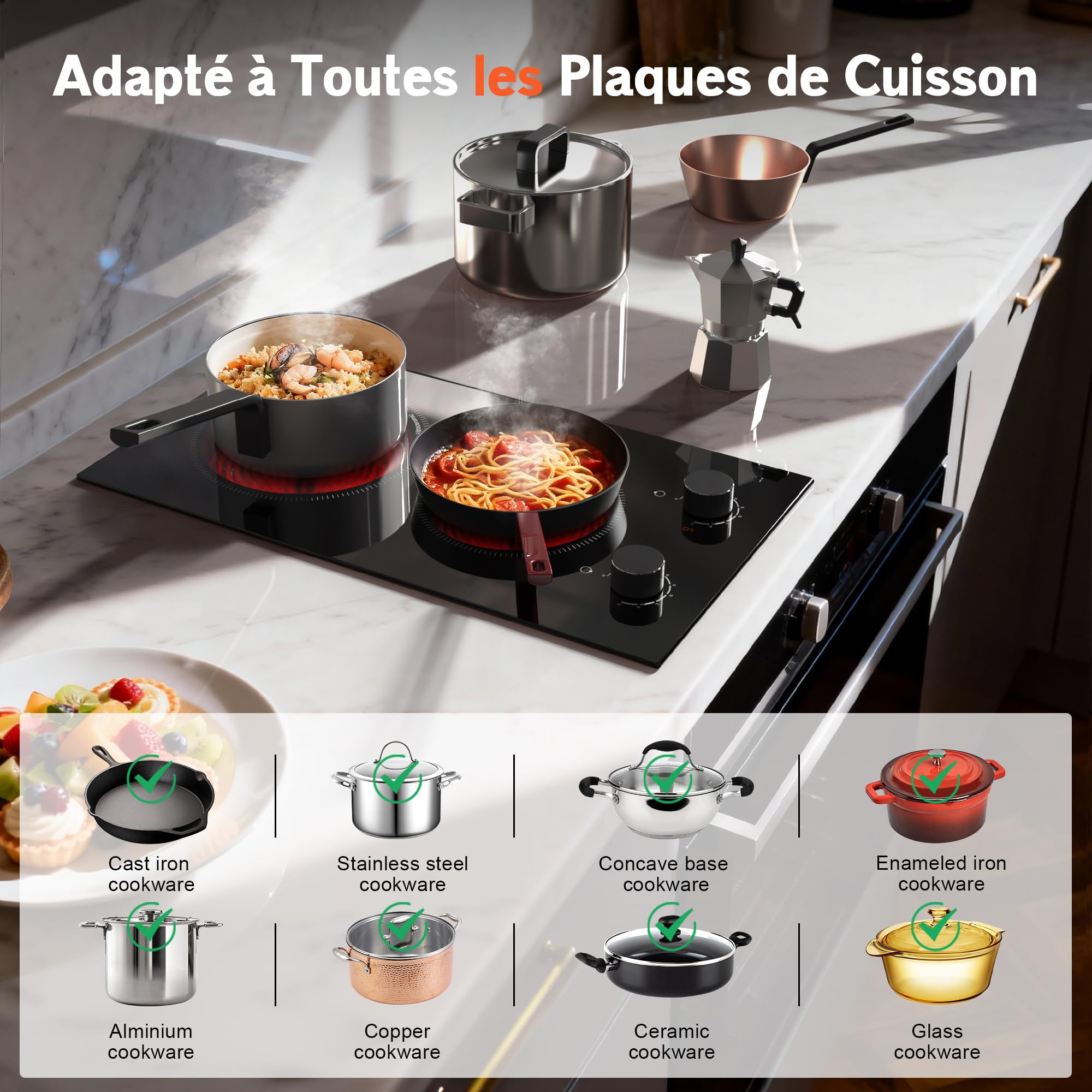 Plaque Vitrocéramique 2 Feux Encastrable 30CM, Table de Cuisson avec Minuterie et Verrouillage de Sécurité, 220V