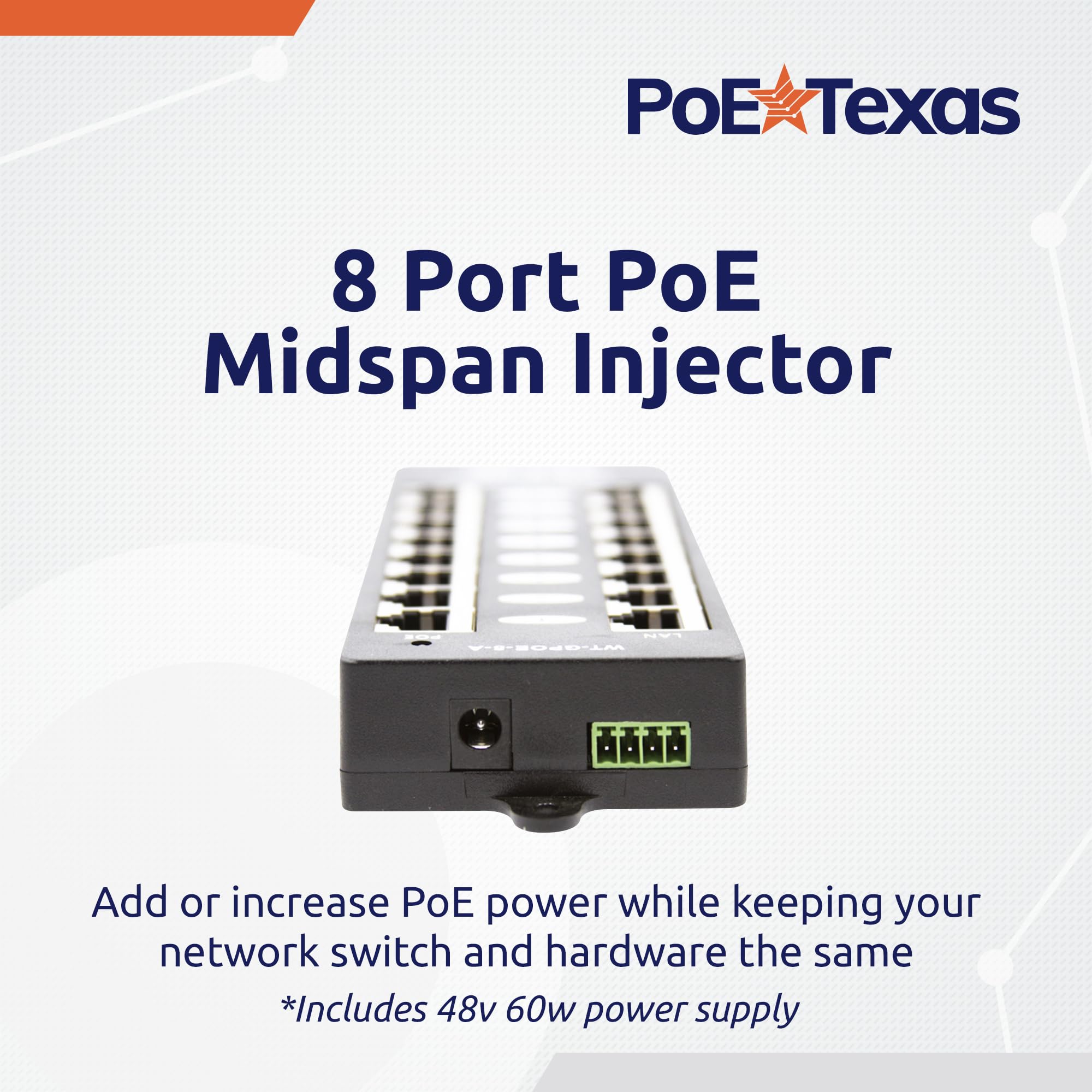 WT-GPOE-8-48v60w, injecteur PoE 8 Gigabit pour 802.3af ou Passif 802.3at avec Alimentation 48v60w