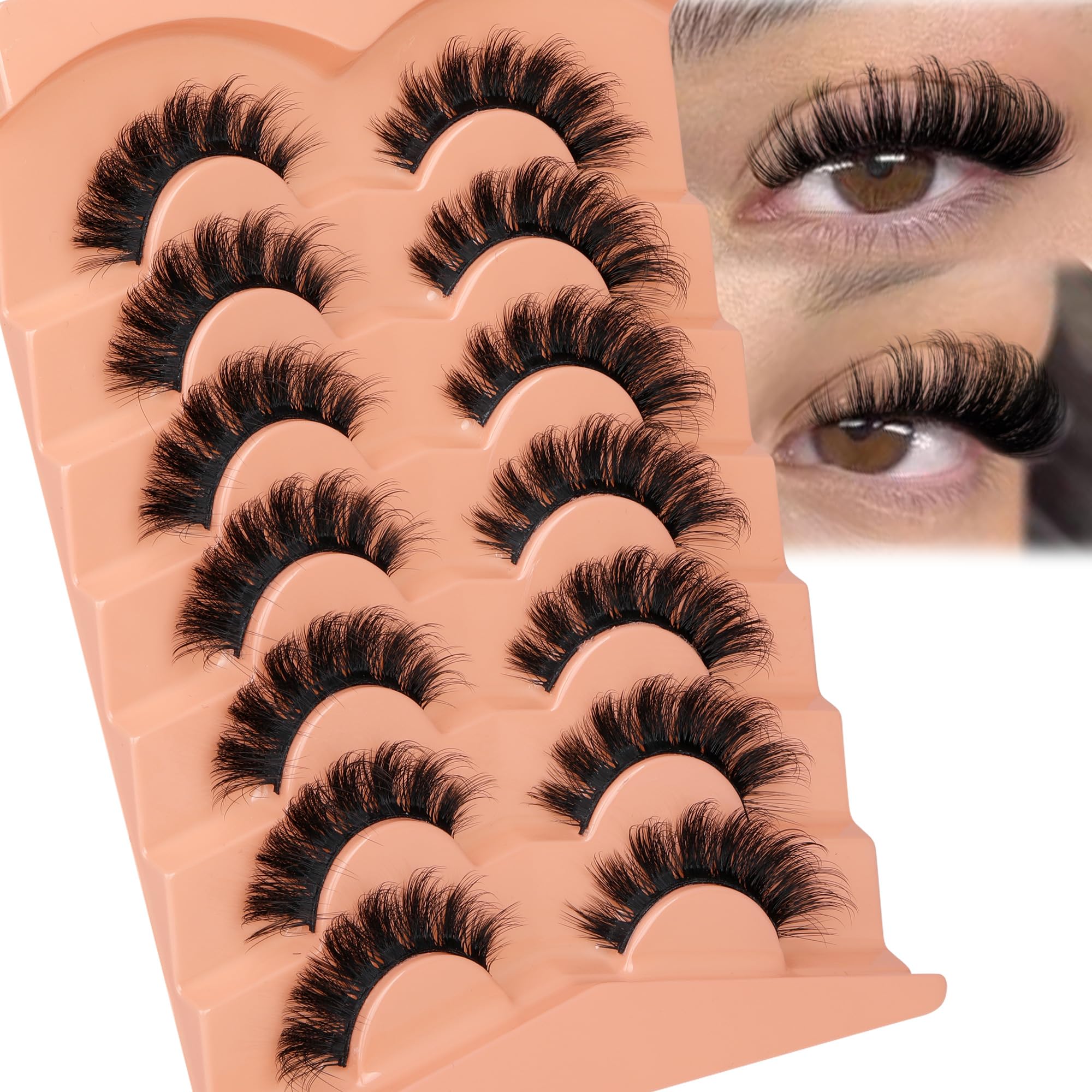 JIMIRE Mink Lashes Fluffy Cat Eye False Eyelashes D Curl Russian Strip Lashes Natural Look Soft Fake Lashes Volume Eyelash Extensions 7 Pairs Pack