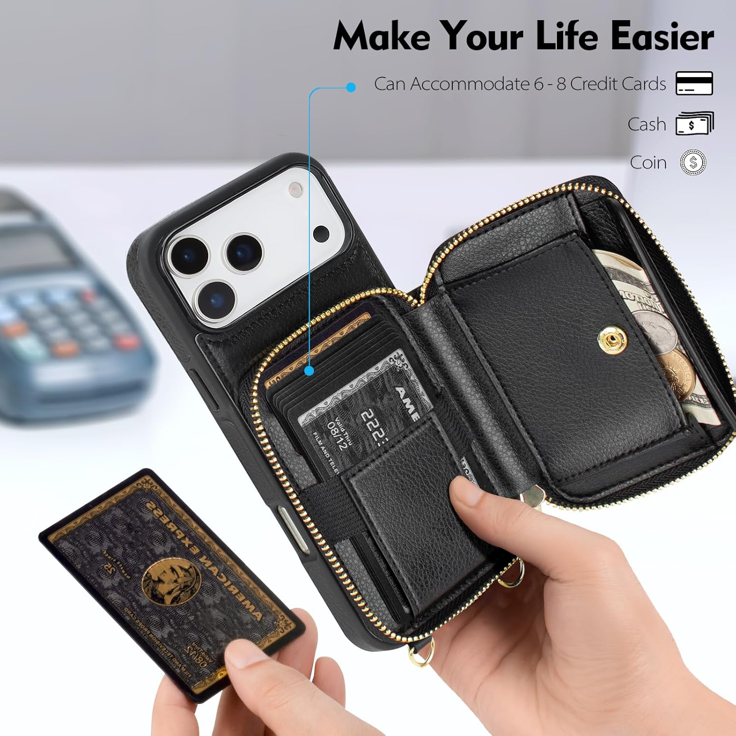 Compatible with iPhone 17 Pro Max Wallet Case Women,RFID Blocking Crossbody Phone Purse Case PU Leather Zipper Handbag Wrist Strap Cover Credit Card Holder,for Apple 17 Pro Max,Black - Image 2