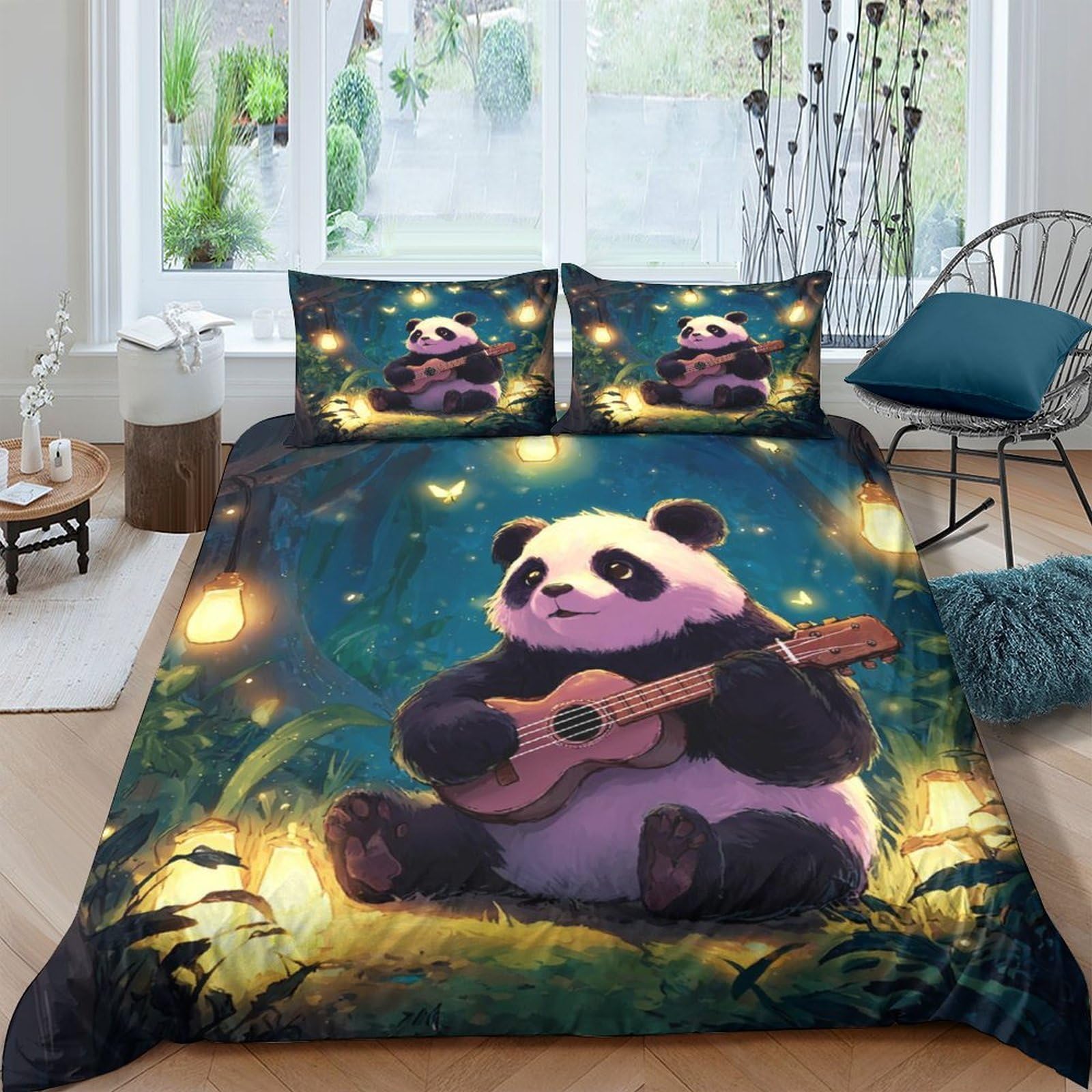 Ctjqhvkz Style-10 3D Printed Firefly Forest Panda Fitted Sheet Microfiber Soft Bed Cover For Bedroom Dorm Mattress Protection Decor Single（135X200cm）