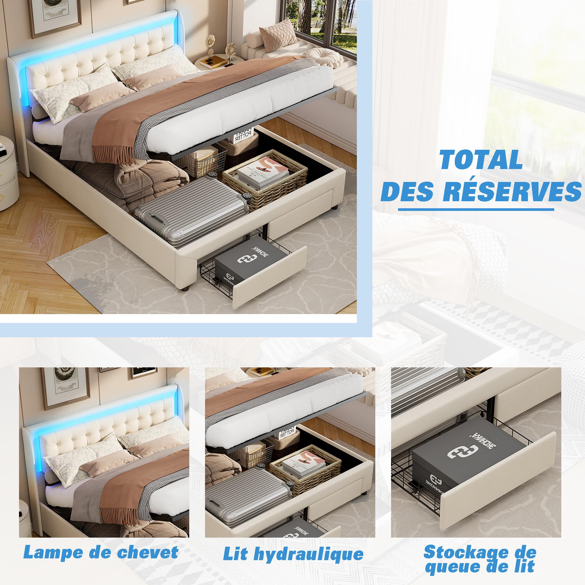 LIVLUX Lit Coffre 180 x 200 cm, Lit Double rembourré avec éclairage LED, Cadre de lit avec 2 tiroirs et Espace de Rangement, Lit 2 Personnes pour Adultes et Adolescents,Velours (180 x 200 cm C)