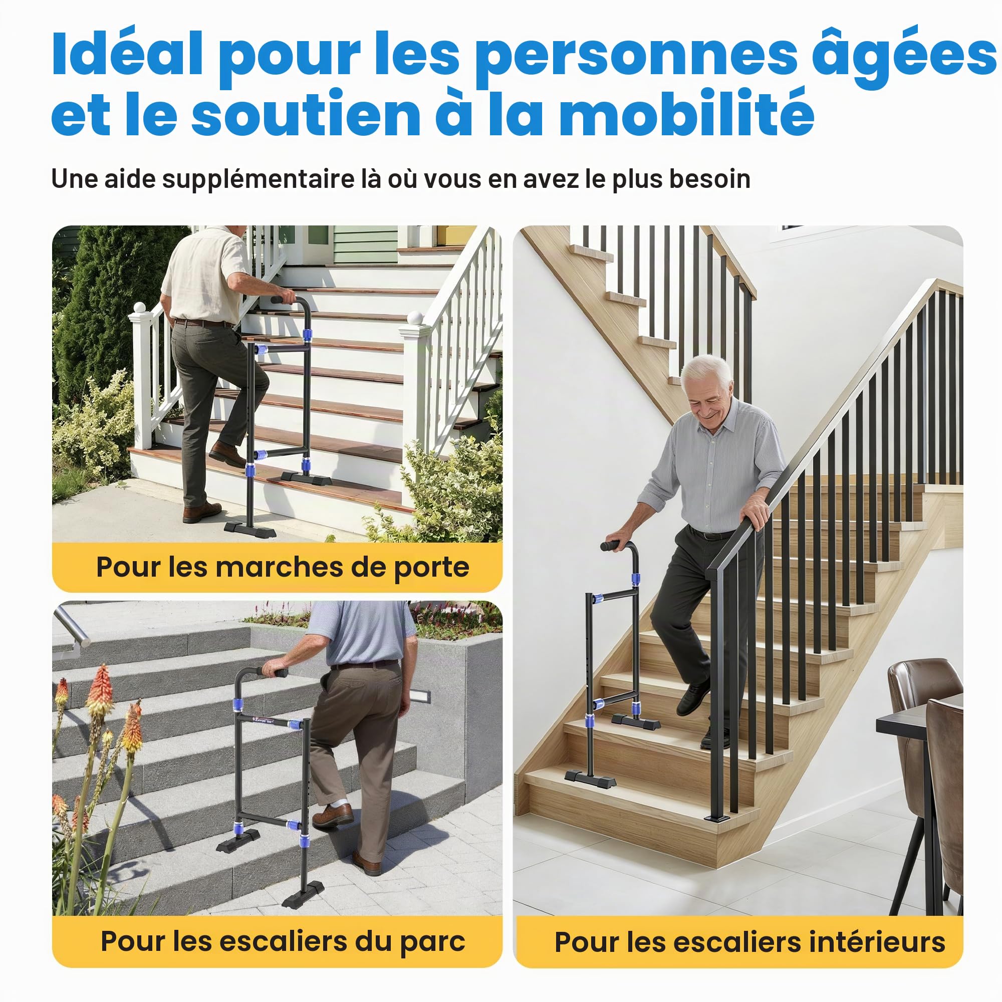 Canne d'aide à l'escalier réglable en hauteur et en largeur pour personnes âgées, personnalisable pour s'adapter à la plupart des marches d'intérieur/extérieur, large base antidérapante, canne