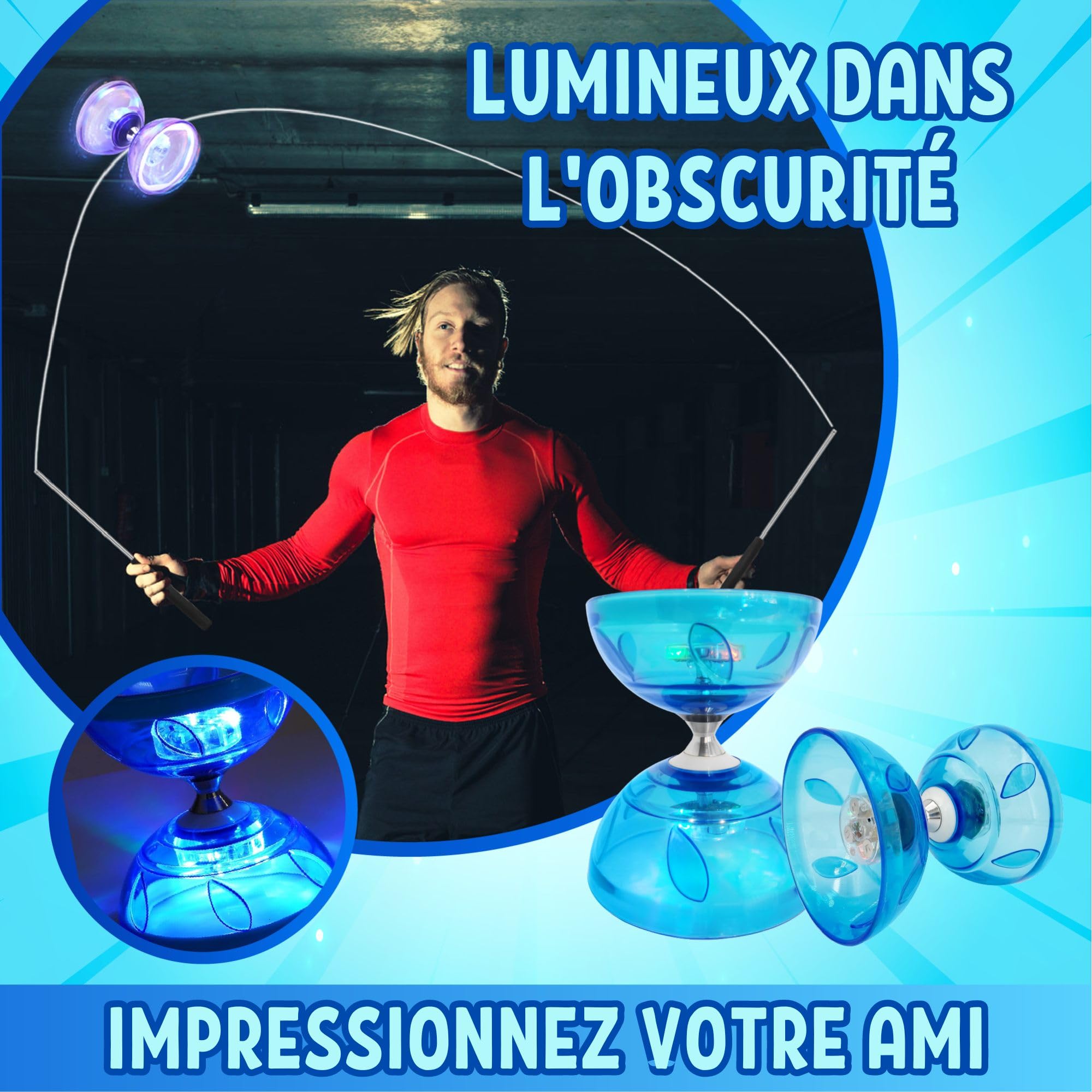 LED Diabolo Tripler Roulement à Billes Kit Jonglerie - Lumineux Diabolo pour Débutants & Professionnels | Cirque Jeu Accessoires pour Les Enfants & Les Adultes | avec Ficelle, Sac en Filet & 2 Bâtons