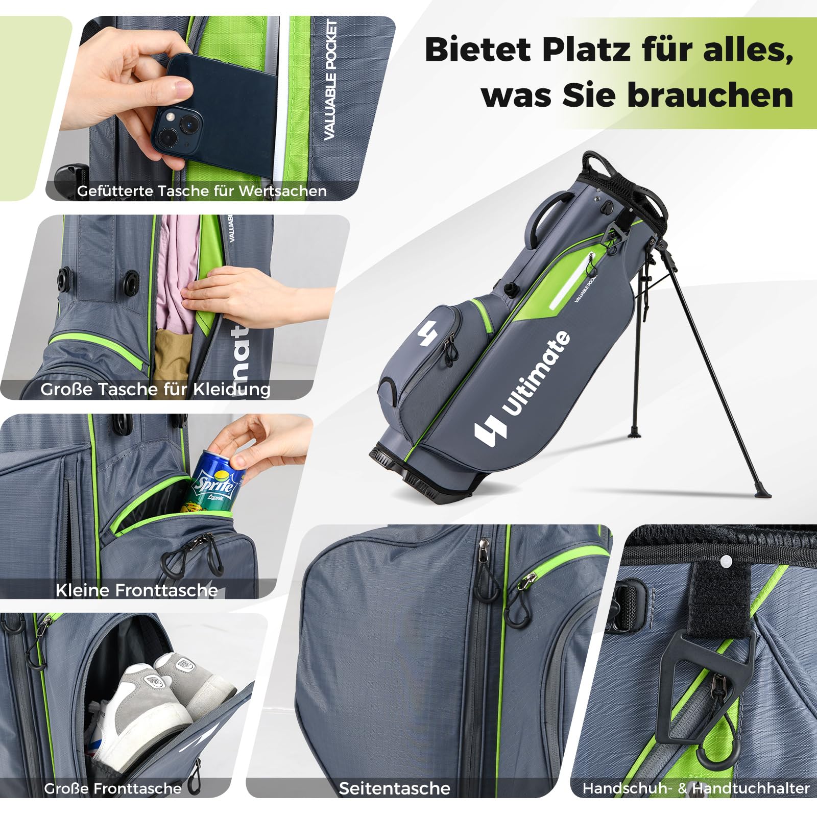 COSTWAY Torba golfowa z 8 przegródkami i osłoną przeciwdeszczową, lekka torba golfowa z 5 kieszeniami i nóżkami, torba na ołówki, przenośna torba dla mężczyzn i kobiet