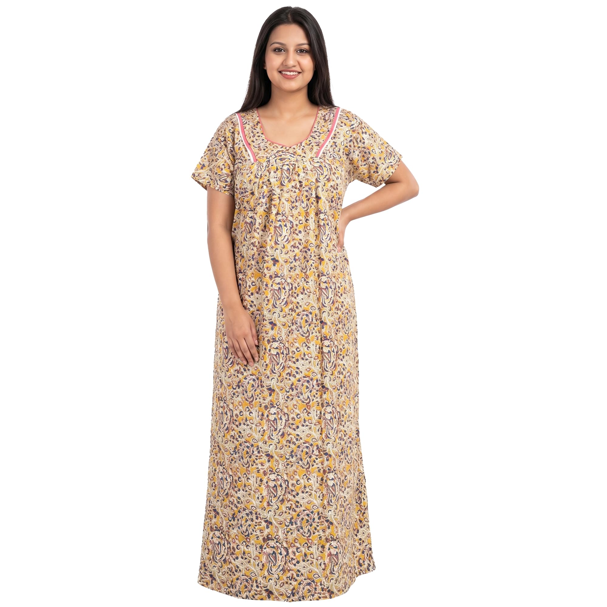 kavz Women's Cotton Maxi Nighty, Yellow Floral Print, Plus Size 2XL-7XL, Short Sleeve, Relaxed Fit-picture-25