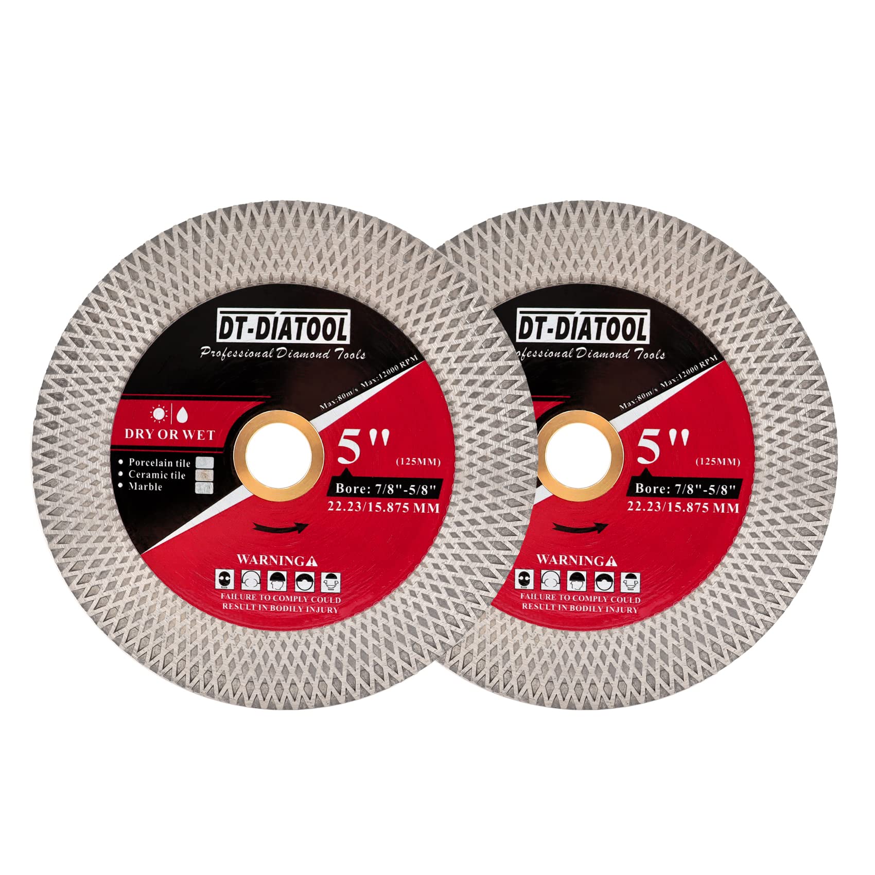 DT-DIATOOL Diamond Tile Cutting Discs 125mm Bore 22.23mm - Double-Sided X Mesh Cutting & Grinding Discs for Porcelain Marble Artificial Stone (2-Pack)
