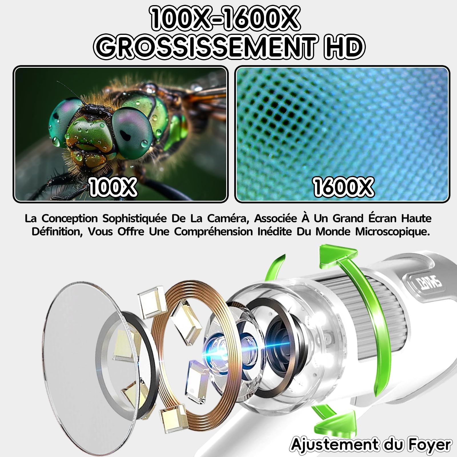 Microscope Enfant Portable avec Carte Mémoire 64Go, Écran LCD 4 Pouces, Grossissement 1600X, Prise de Photos et Vidéos