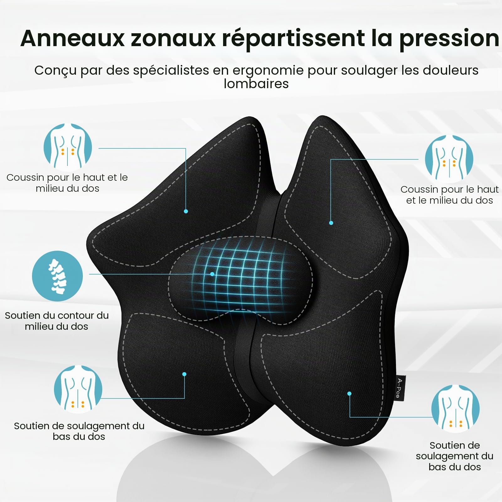 A-Pce Coussin de Soutien Lombaire Réglable, Améliore Le Soulagement des Douleurs dans Le Bas du Dos et la Posture Assise, Coussin de Soutien Dorsal Ergonomique en Mousse à Mémoire de Forme pour Une