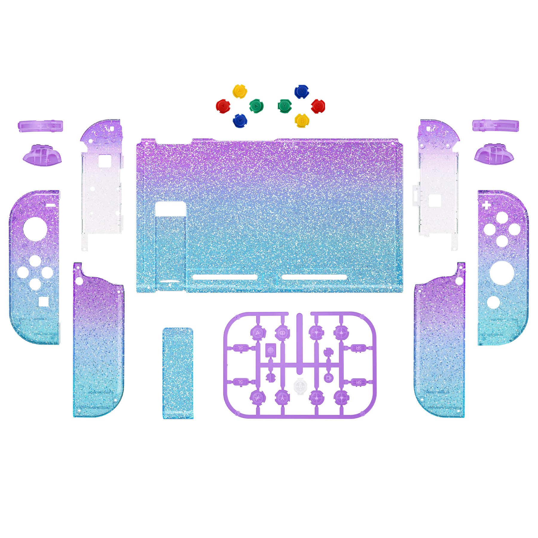 eXtremeRate Custodia Tasti Ricambio per Nintendo Switch,Cover Scocca Pulsanti Kit DIY per Joycon,Senza Controller e Console-Trasparente Glitterato Viola Ciano
