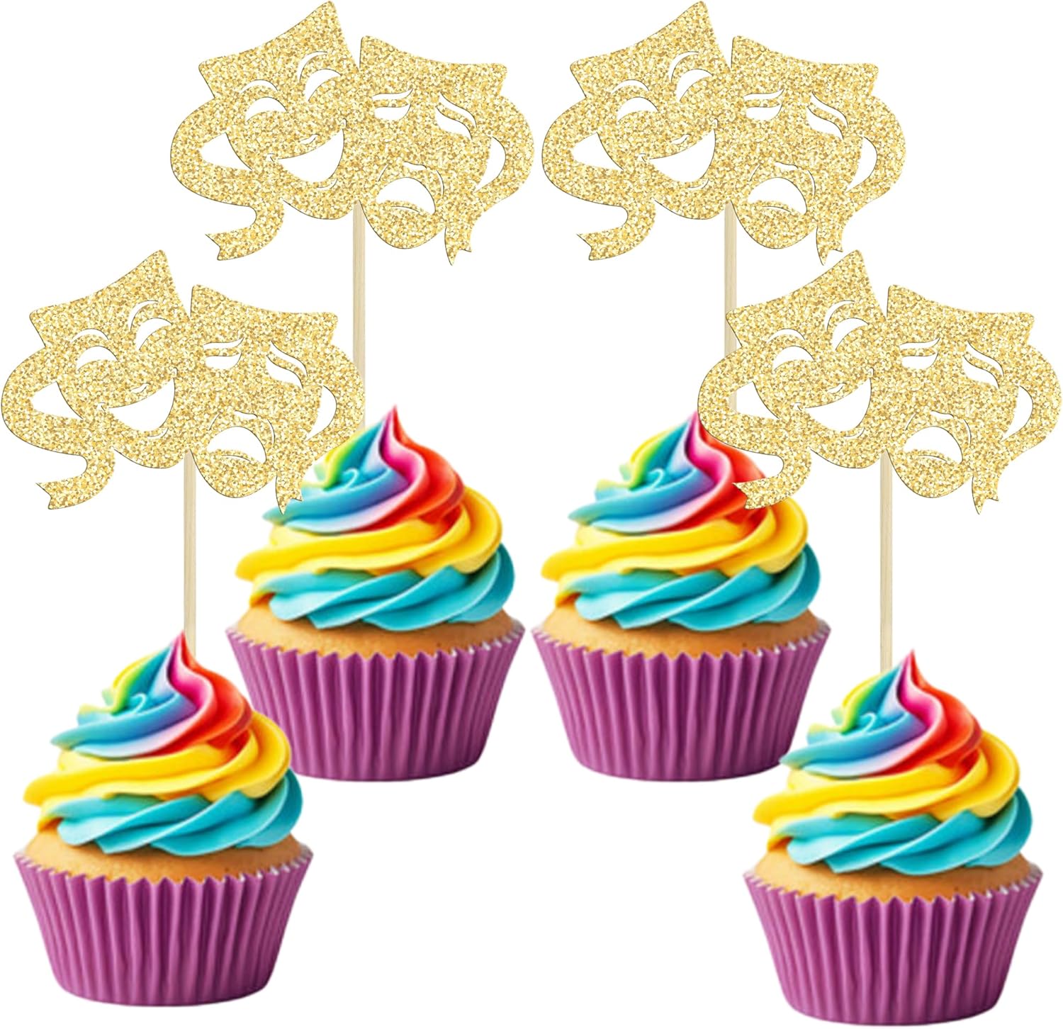 Ephlyn 24Pcs Theatrical Mask Cupcake Toppers Glitter Comedy Movie Cake Topper Decorations for Film Festival Theme Birthday Party Cake Decorations Supplies Gold