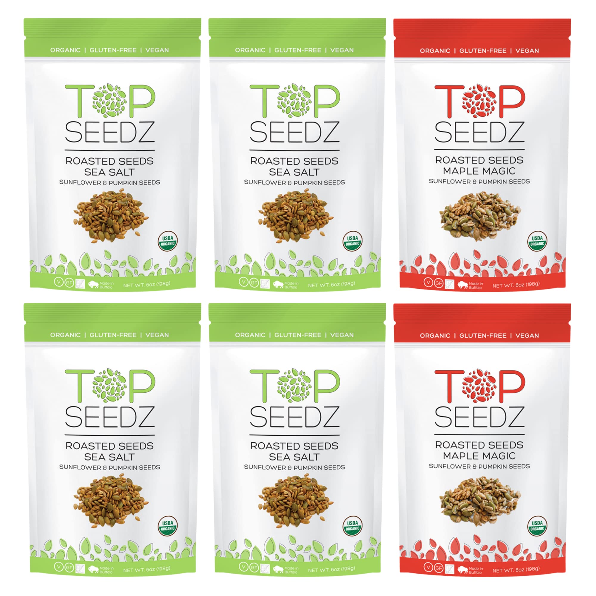 Top Seedz Certified Organic Gluten Free Vegan Maple Magic and Sea Salt Combo Roasted Seeds | 6-Pack | 6 Ounces | Shelled Sunflower Seeds and Pumpkin Seeds