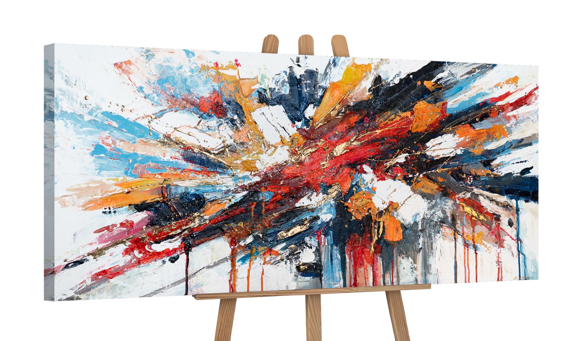 YS-Art Original Handmade Dynamic Abstract Explosion Artwork, Rich Textured Acrylic Canvas, Vibrant Energy Composition Wall Decor for Office or Creative Workspace 45x20 inch