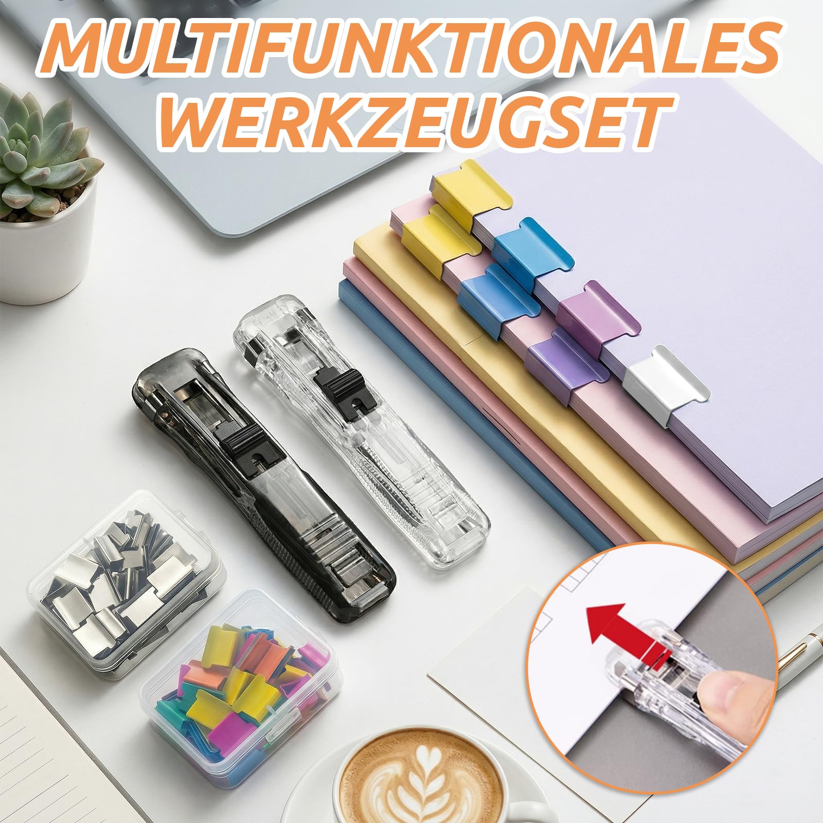 2026 Neue 2 Stück Reusable Creative Stapler,Hefter,Klammerloses Heftgerät,mit 200 Stück Wiederverwendbare Heftklammern, Portable Binder Clip Stapler, Nachfüllbarem Hefter und Klammerspender-Set