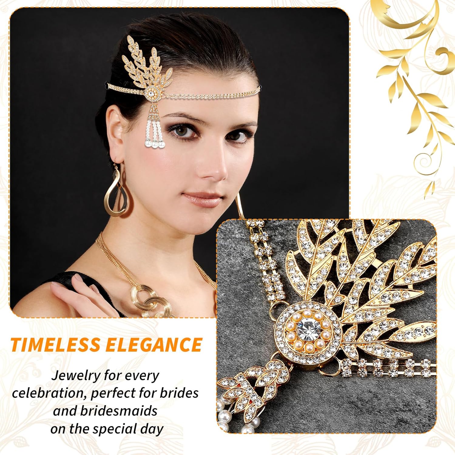 Flapper Headband,1920s Headband with Leaf Rhinestones Headpiece Pearl Tassel Head Bands Roaring 1920s Headpiece for Women(Gold) - Image 6