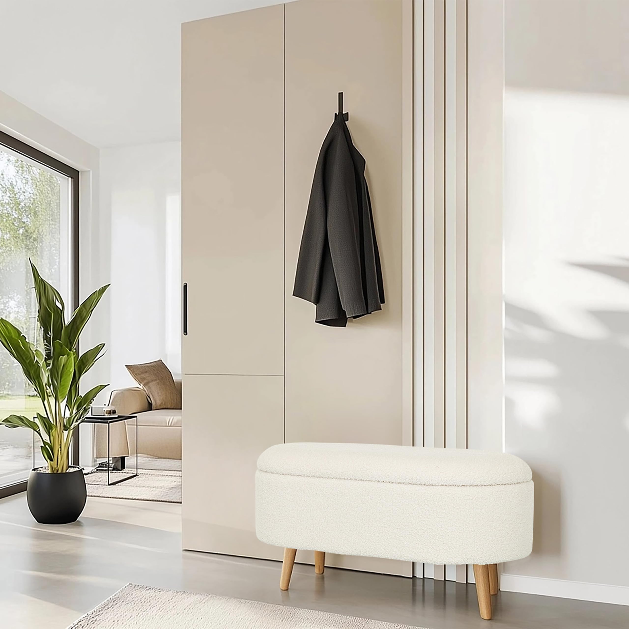 Banco con Espacio de Almacenamiento, Tejido bouclé STORIANO Banco escandinavo tapizado con Tapa para salón Dormitorio Pasillo, Blanco