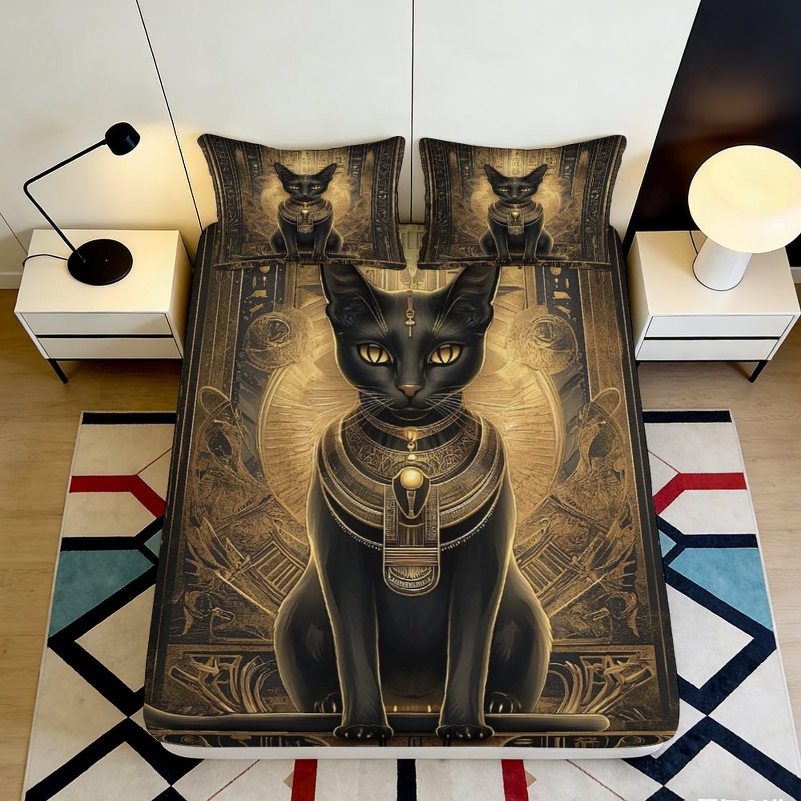 3D Printed Egyptian Cat Fitted Sheet Microfiber Deep Pocket Bedroom Bedding Egyptian Cat Mattress Fitted Cover Washable 200x200x25cm