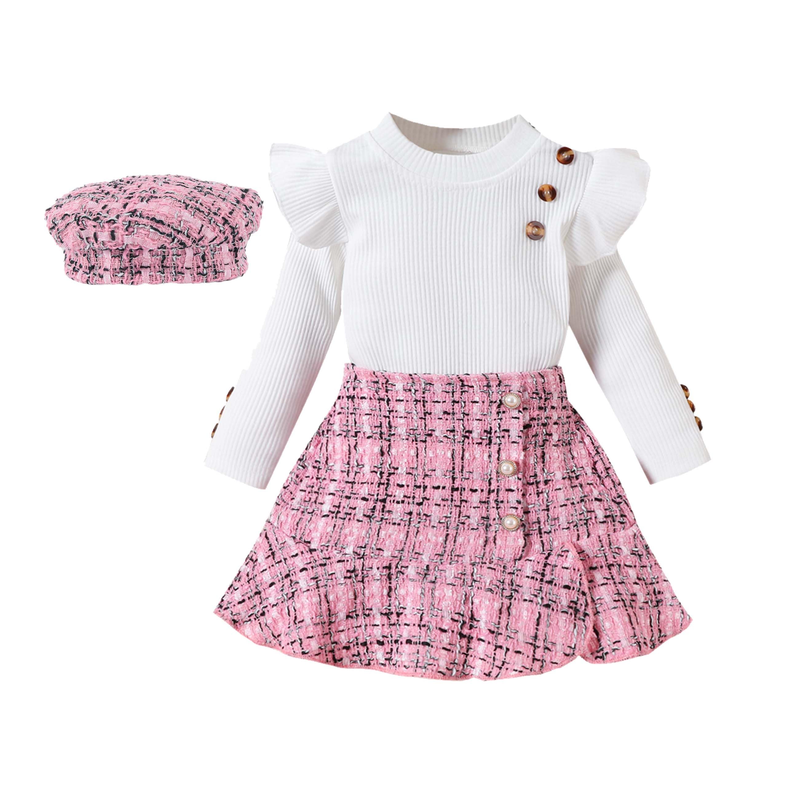 Meisjes 3-delige set leatherlook roze Paris Chic – jasje, rib rokje & baret maat 62/68 t/m 98/104 > Mi Toetie